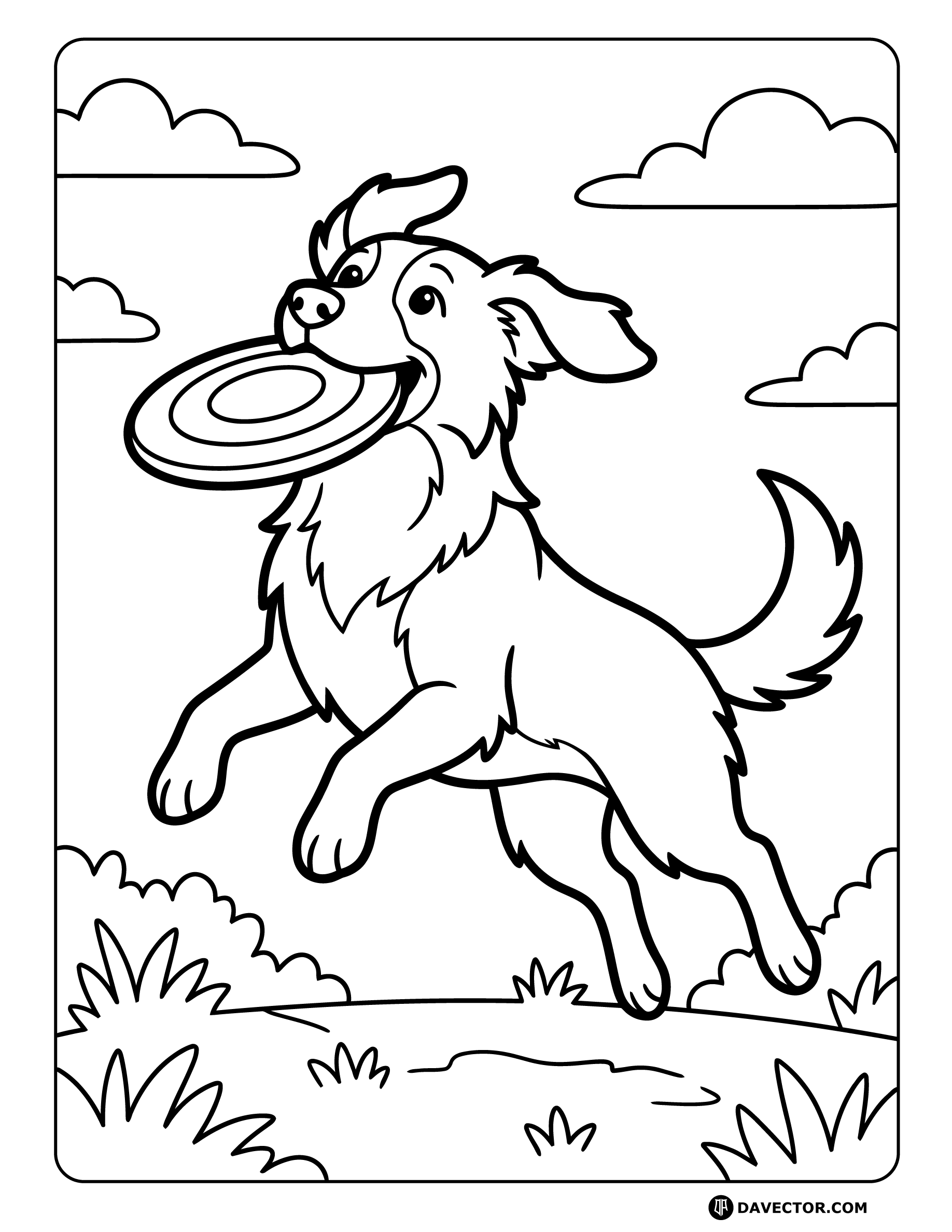 Dog Catching Flying Disc — free dog coloring page