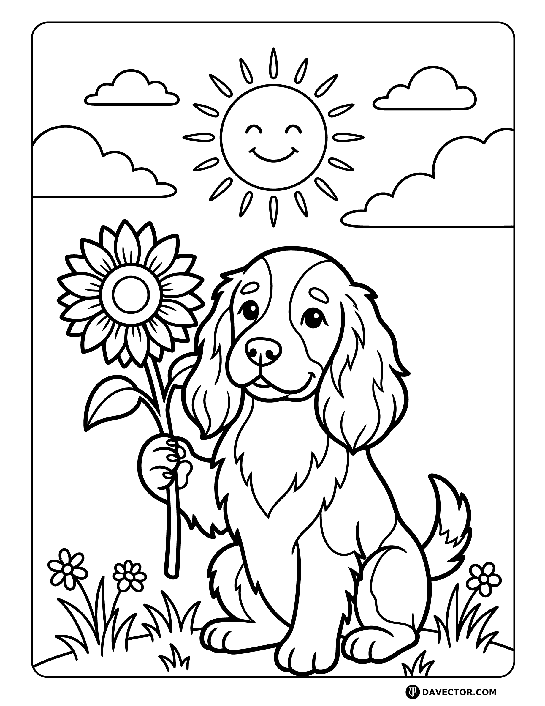 Dog Holding Sunflower — free dog coloring page