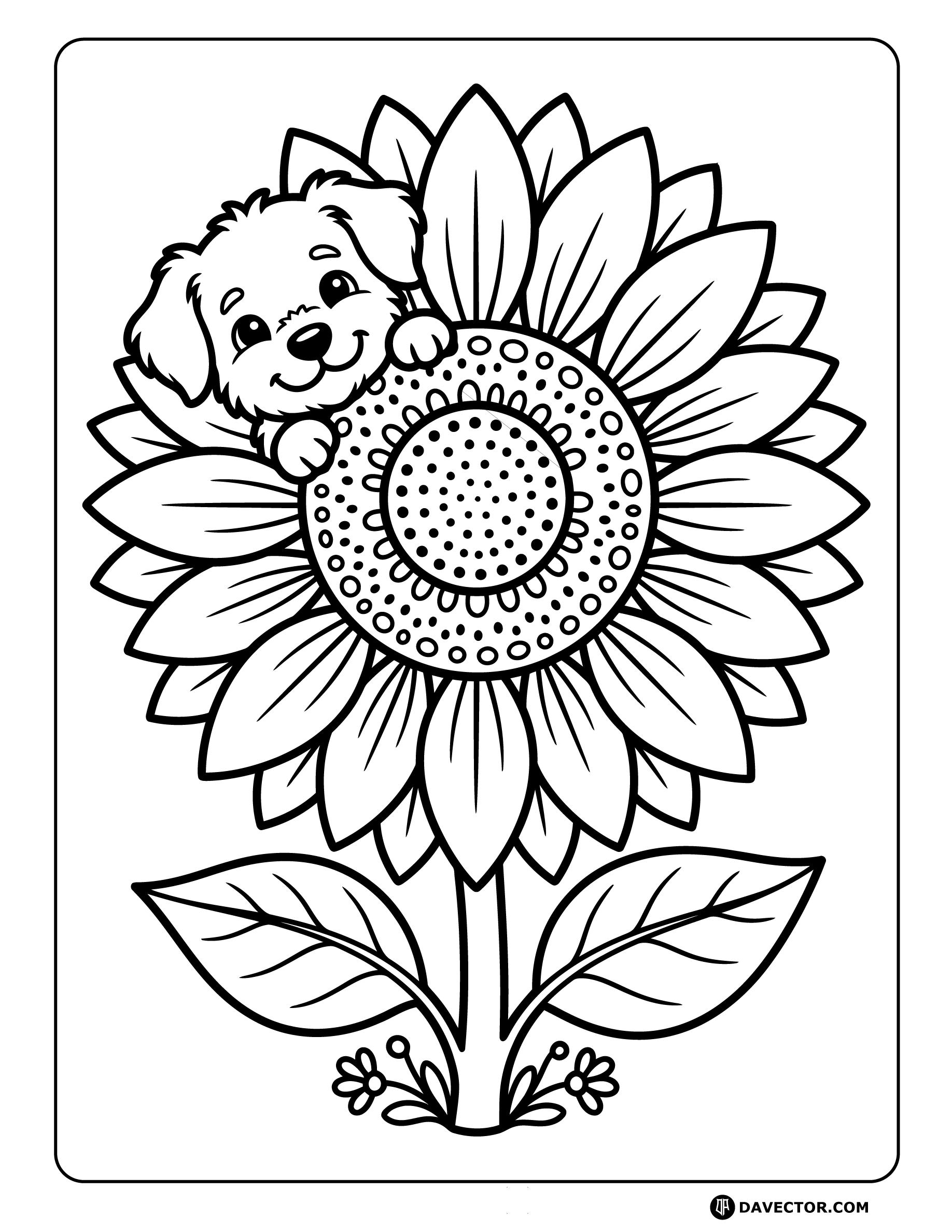 Dog Peeking From Flower — free dog coloring page