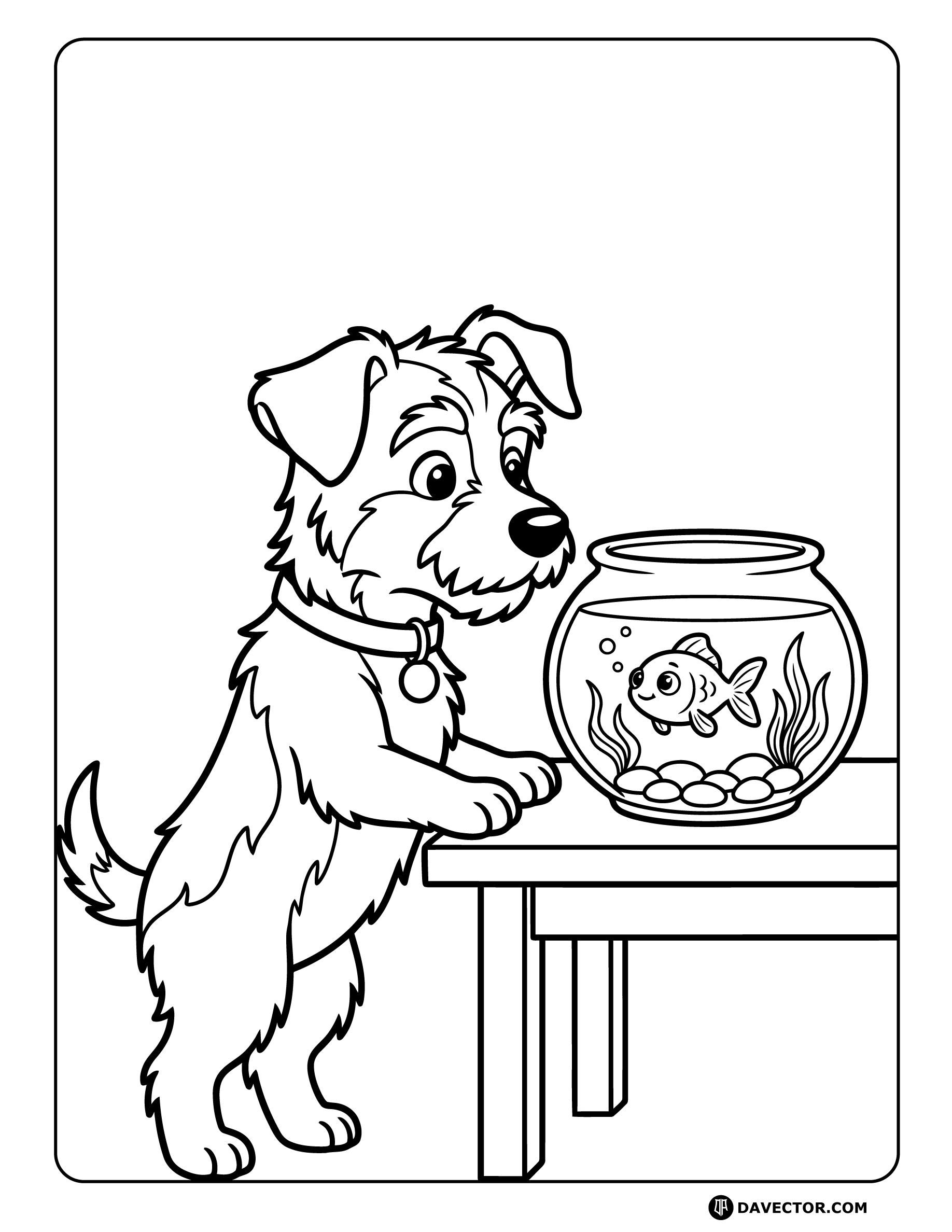 Dog Peering Into Fishbowl — free dog coloring page