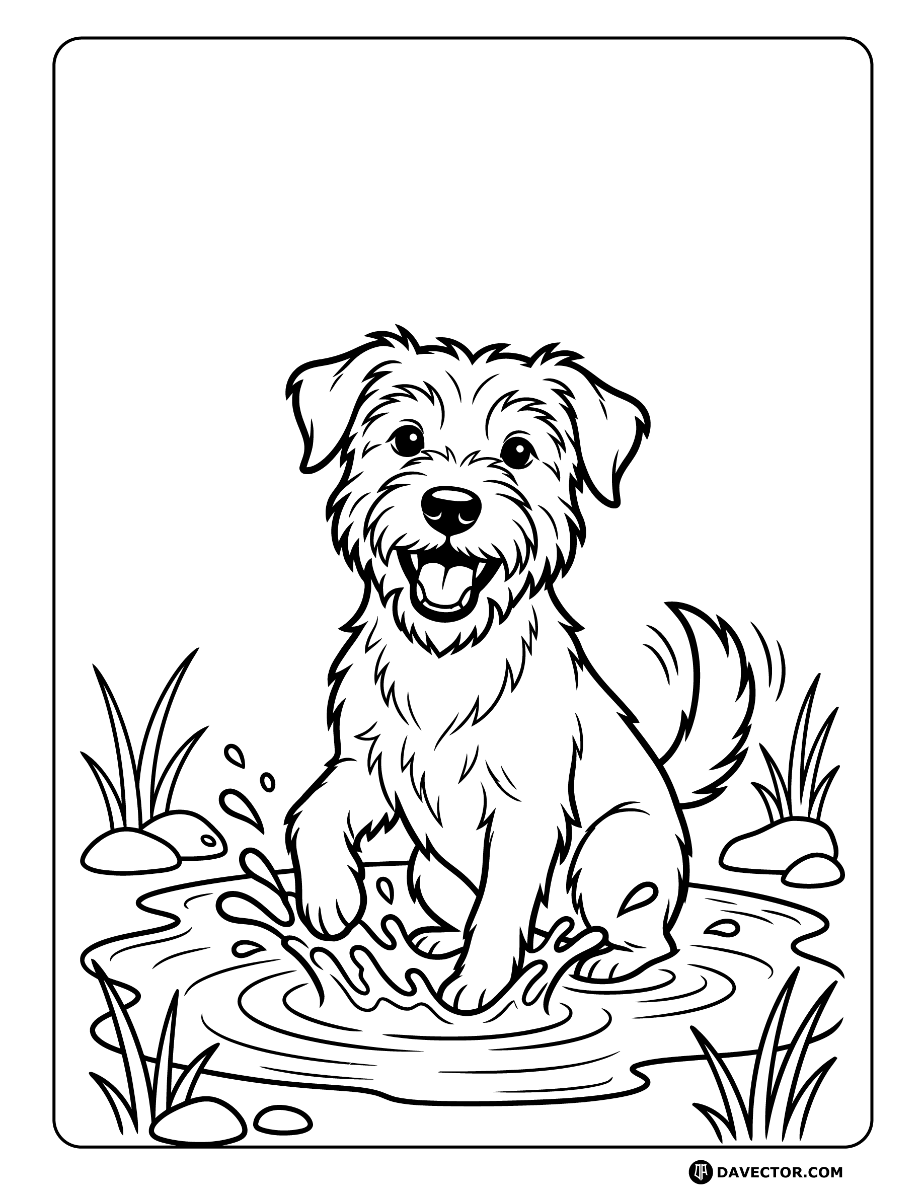 Dog Sitting In Puddle Splashing — free dog coloring page