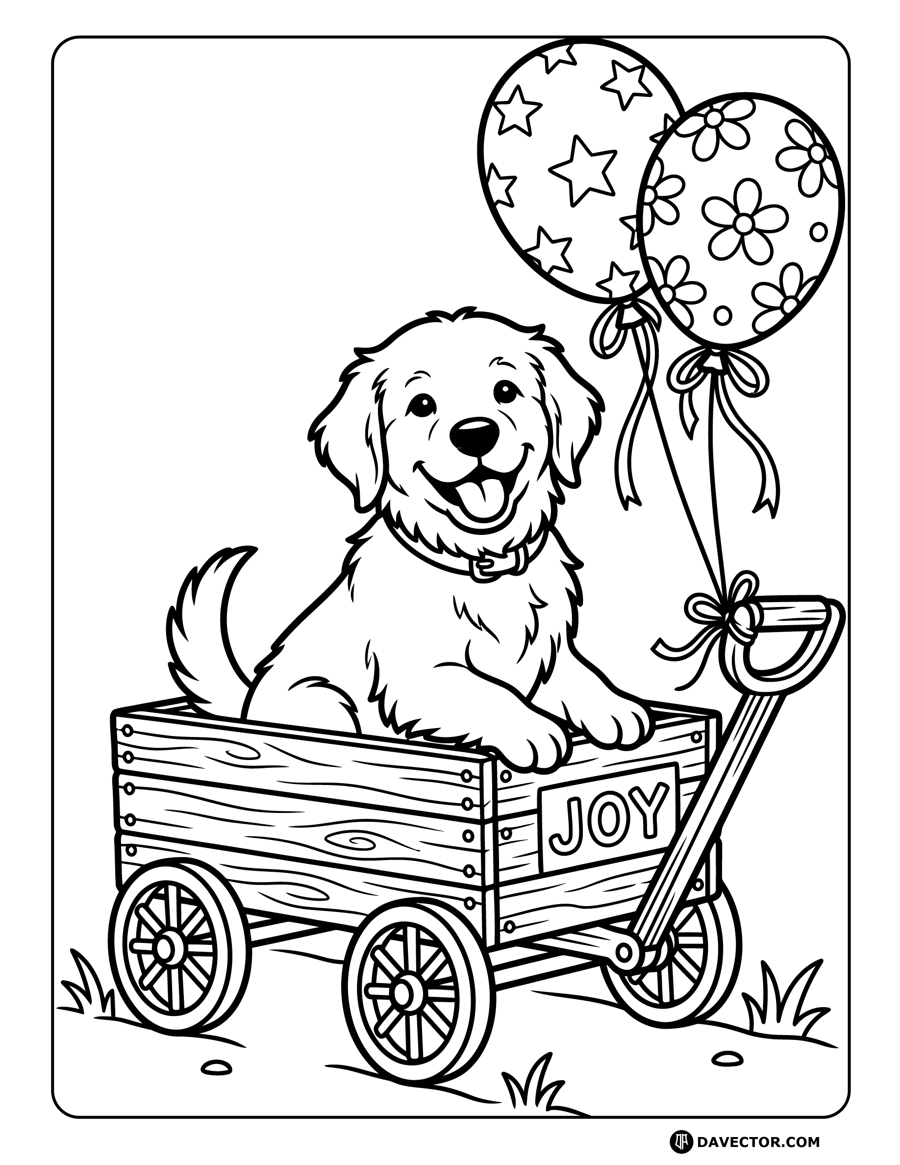 Dog Sitting In Wagon With Ballons — free dog coloring page