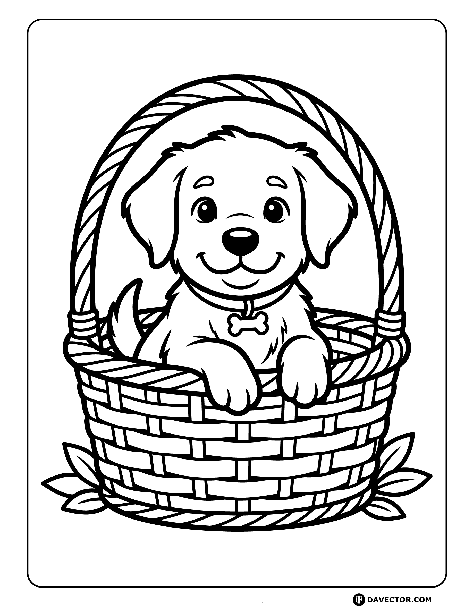 Dog Sitting In Wicker Basket — free dog coloring page