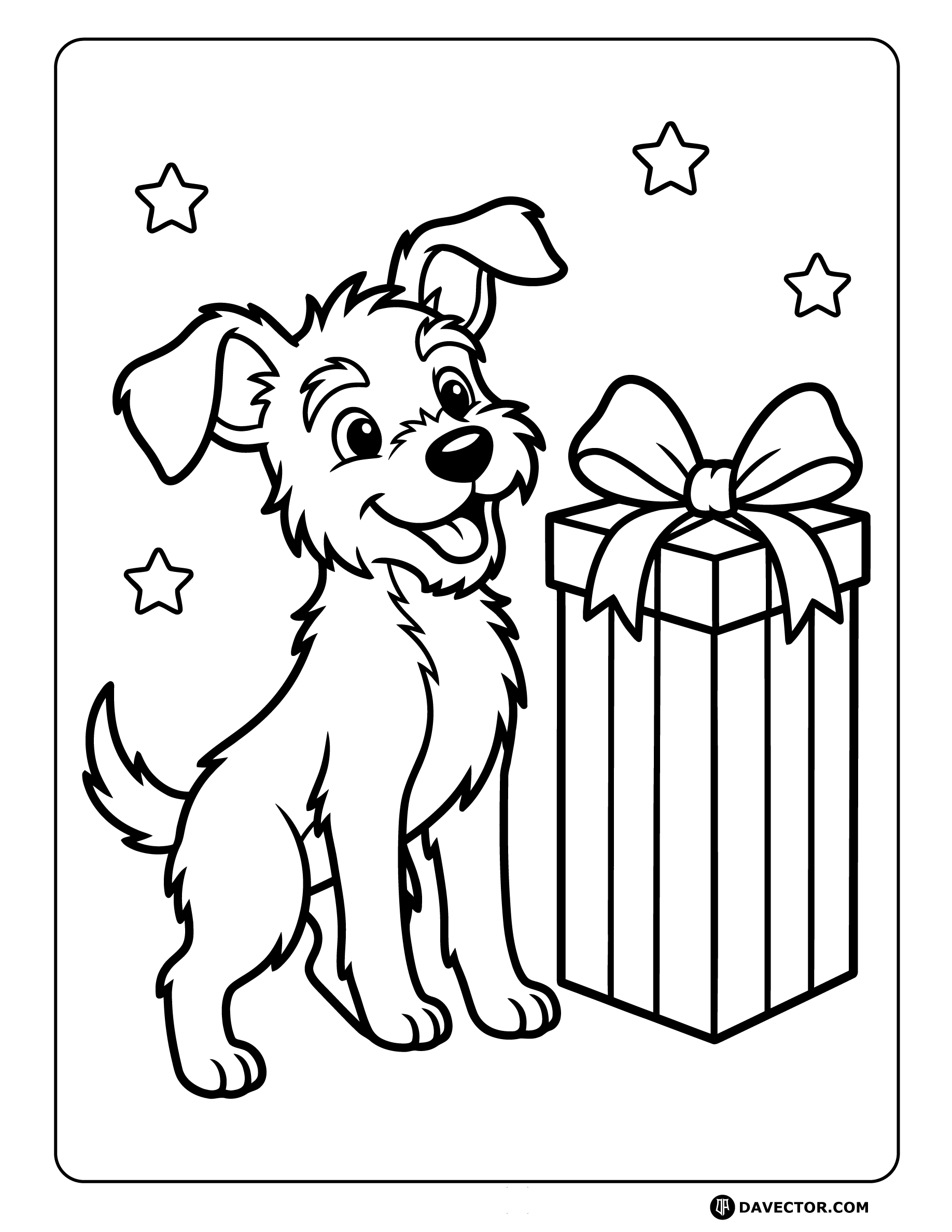 Dog Sitting Next To Present — free dog coloring page