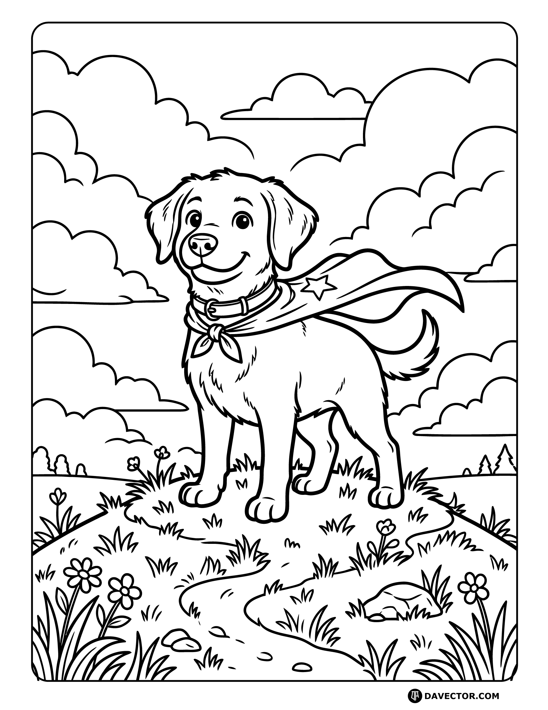 Dog Wearing Cape On Mound — free dog coloring page