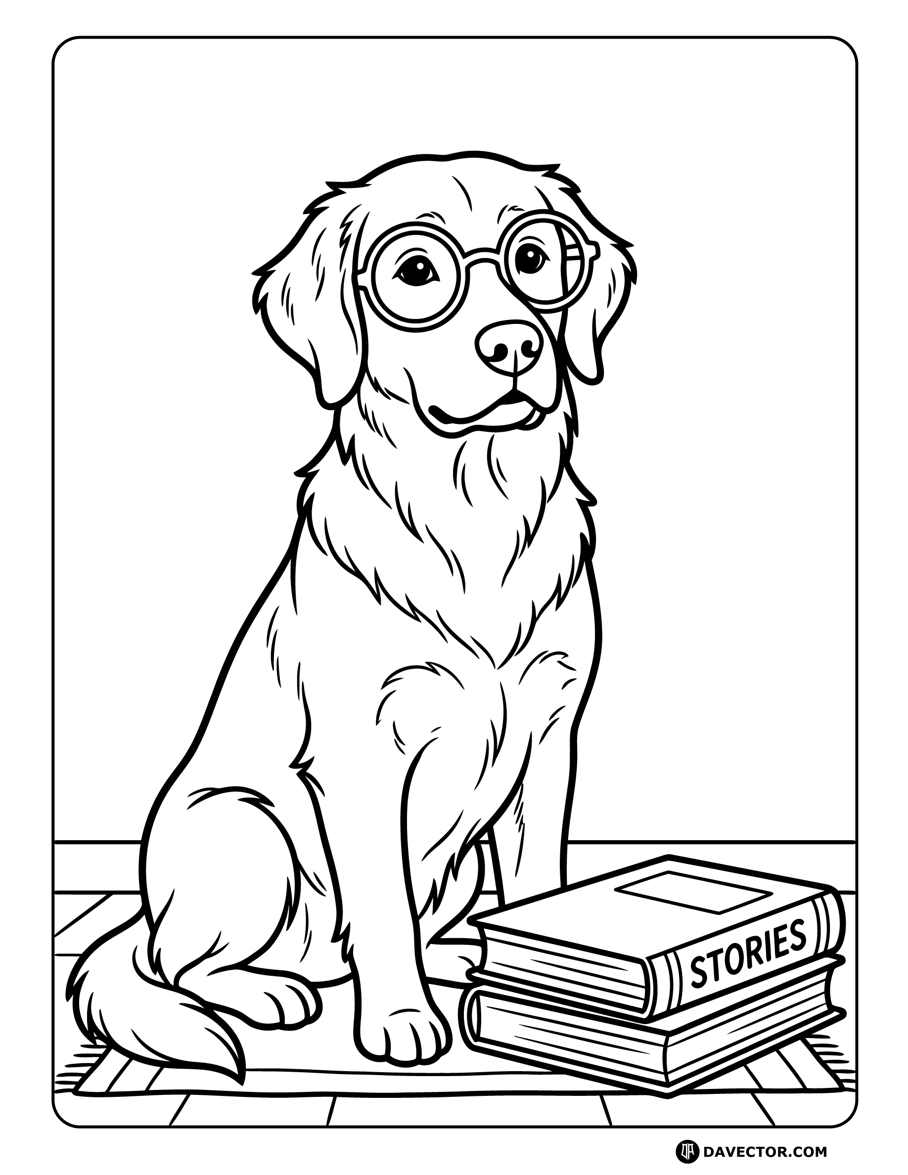 Dog Wearing Glasses With Books — free dog coloring page