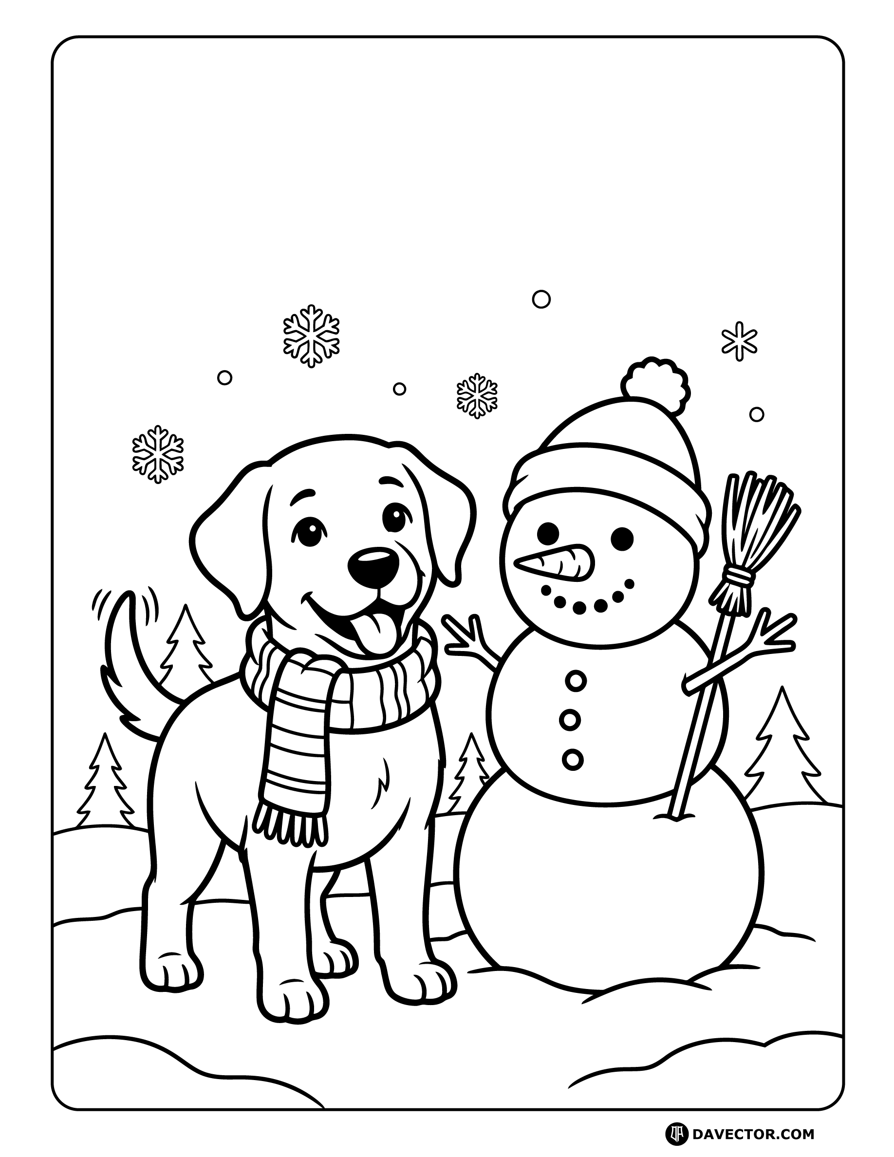 Dog Wearing Scarf Next Snowman — free dog coloring page