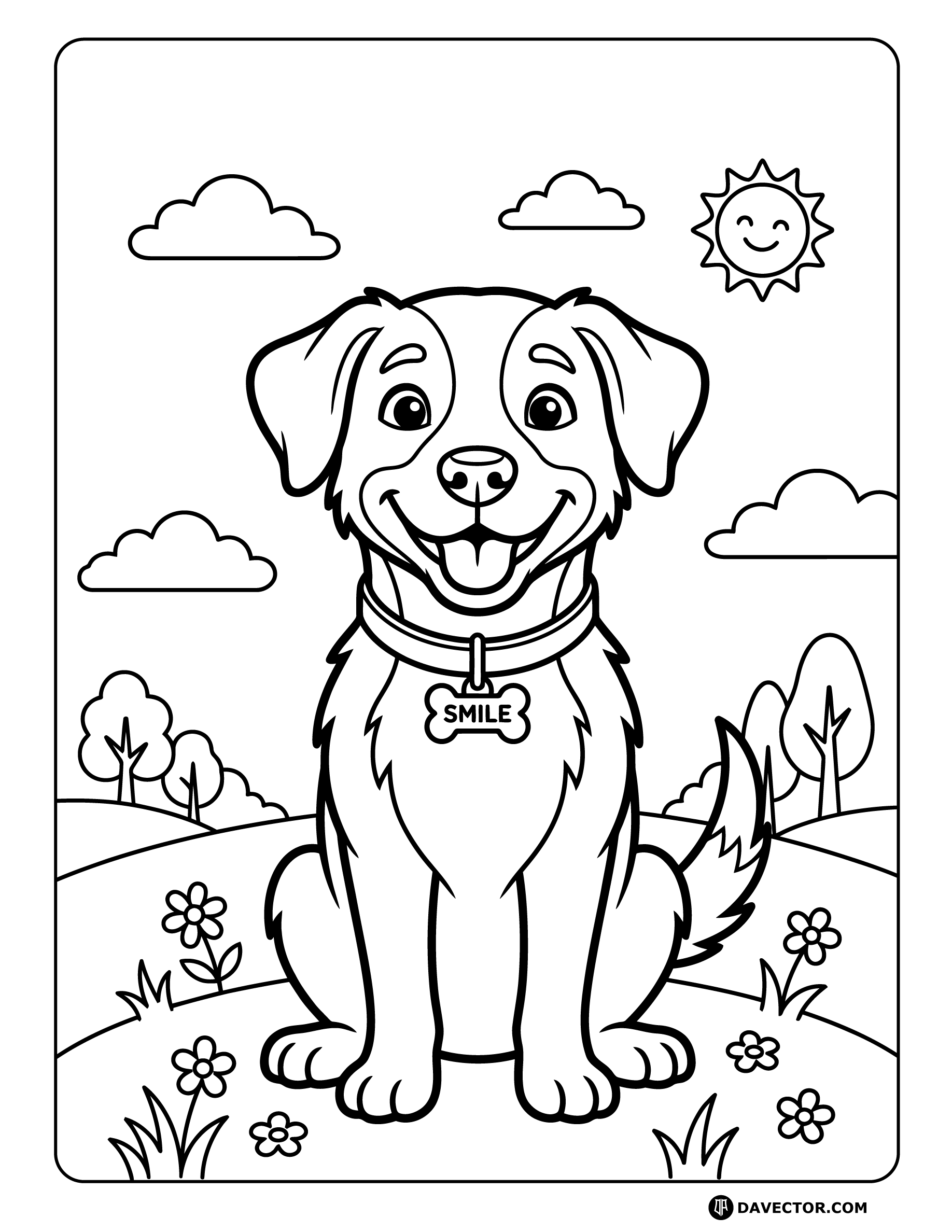 Happy Dog Sitting Smiling — free dog coloring page