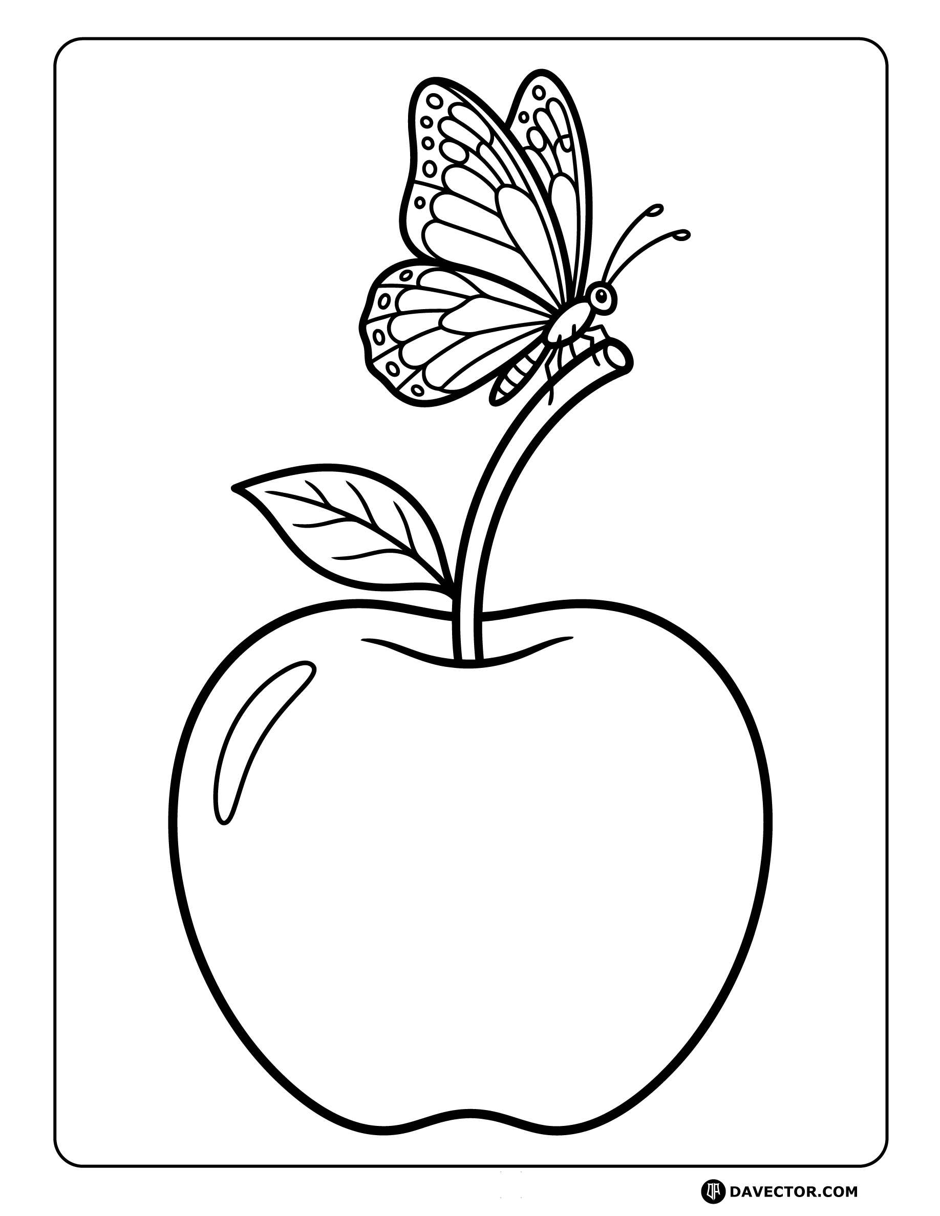 Apple Fruit With Butterfly Resting — free apple coloring page