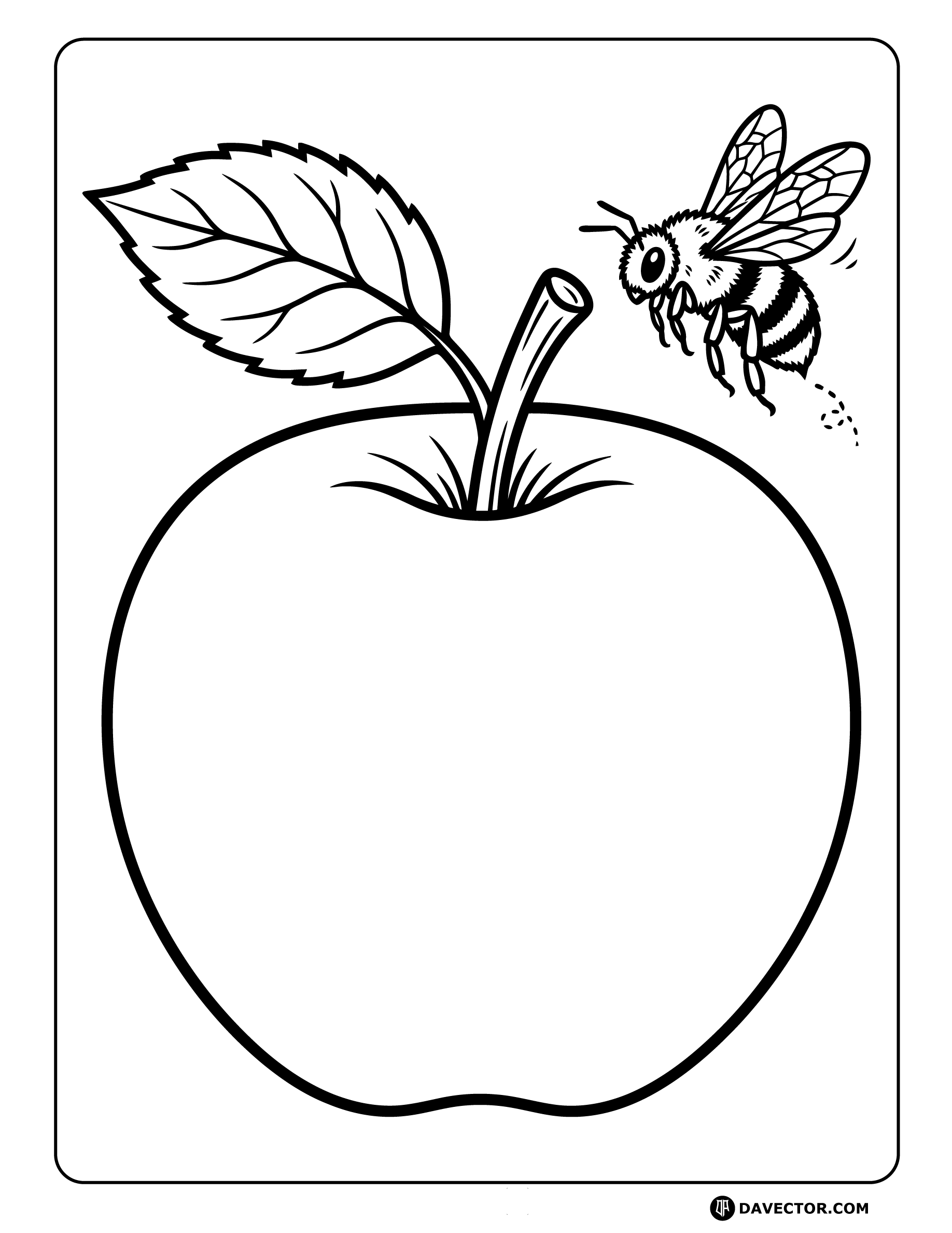 Apple With Bumblebee Line Art — free apple coloring page