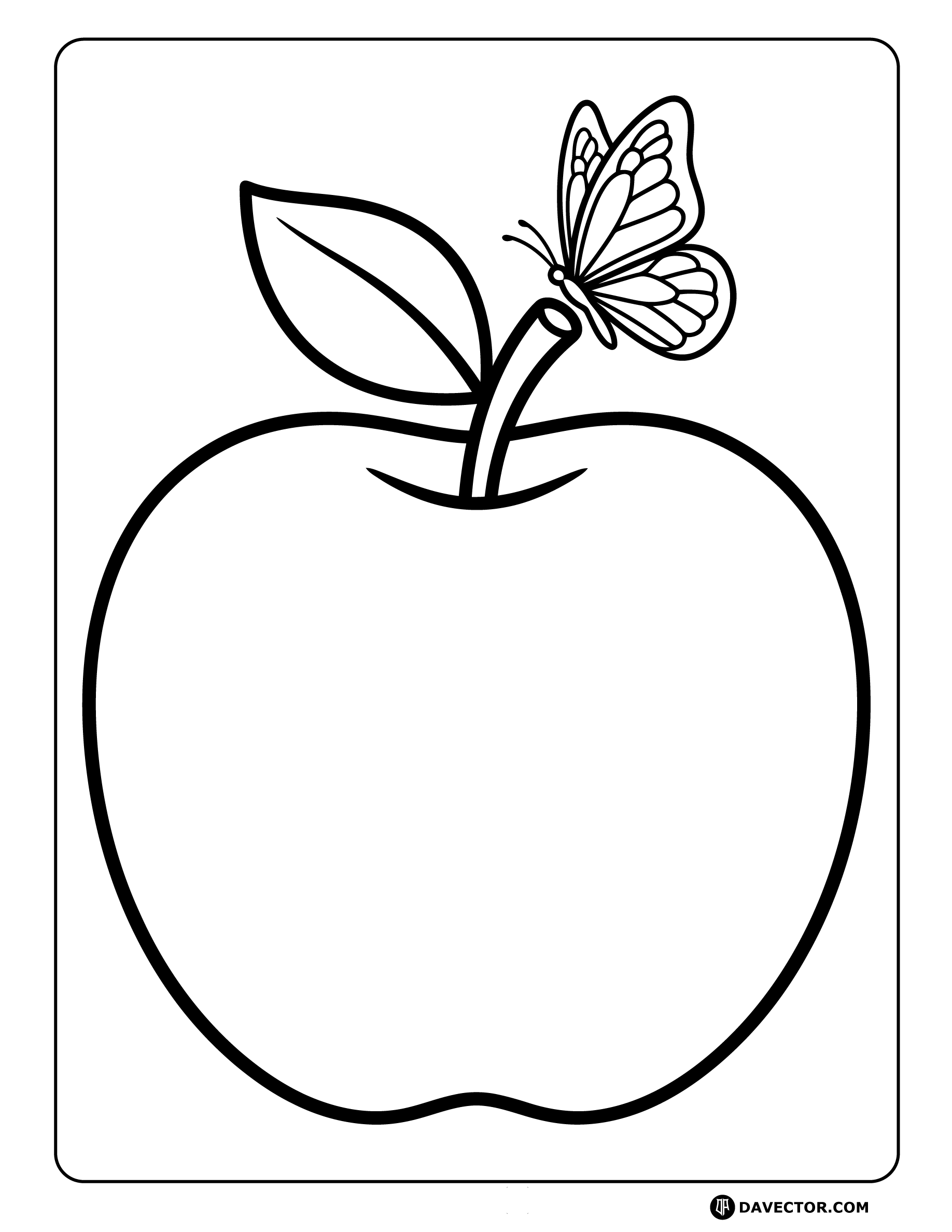 Apple With Butterfly On Stem — free apple coloring page