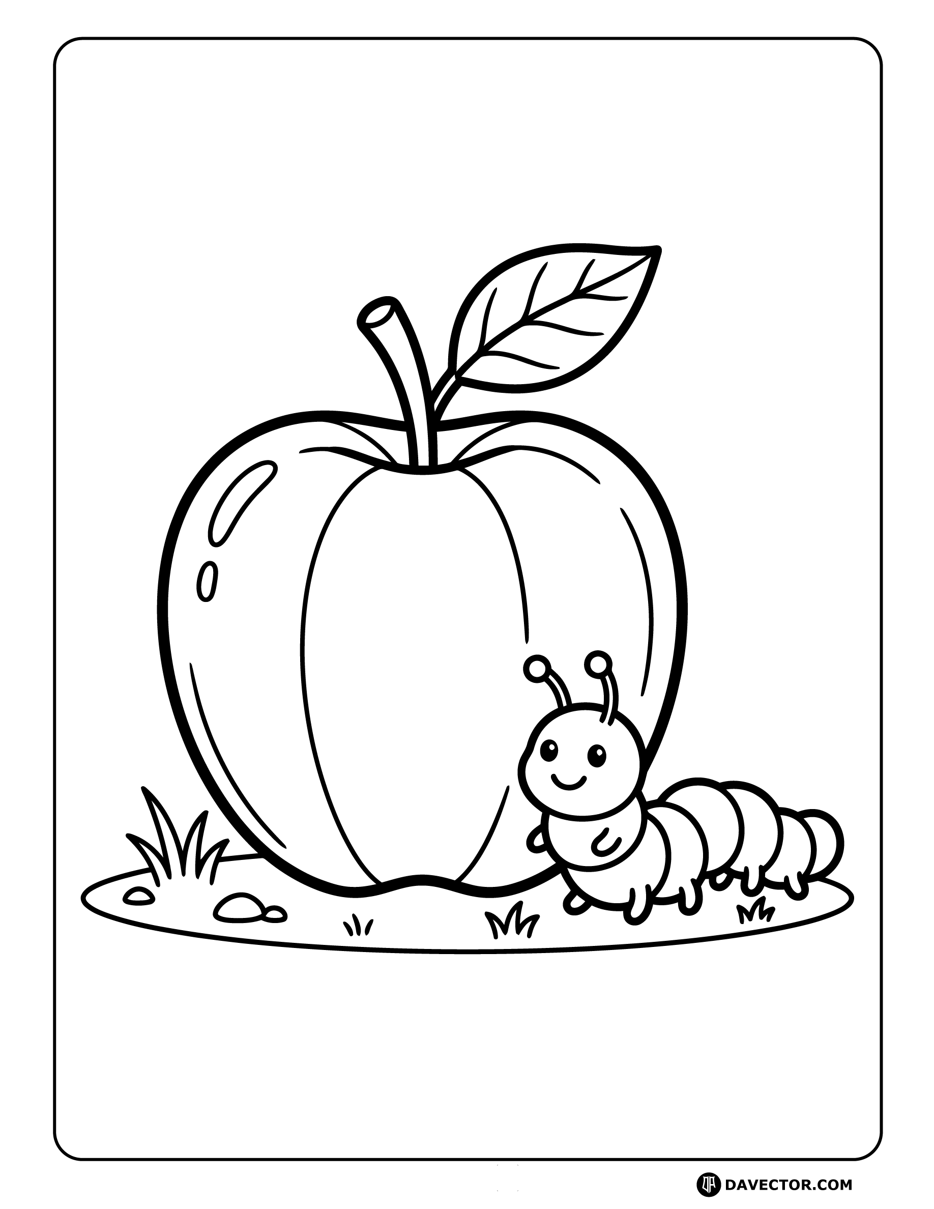 Apple With Smiling Caterpillar — free apple coloring page