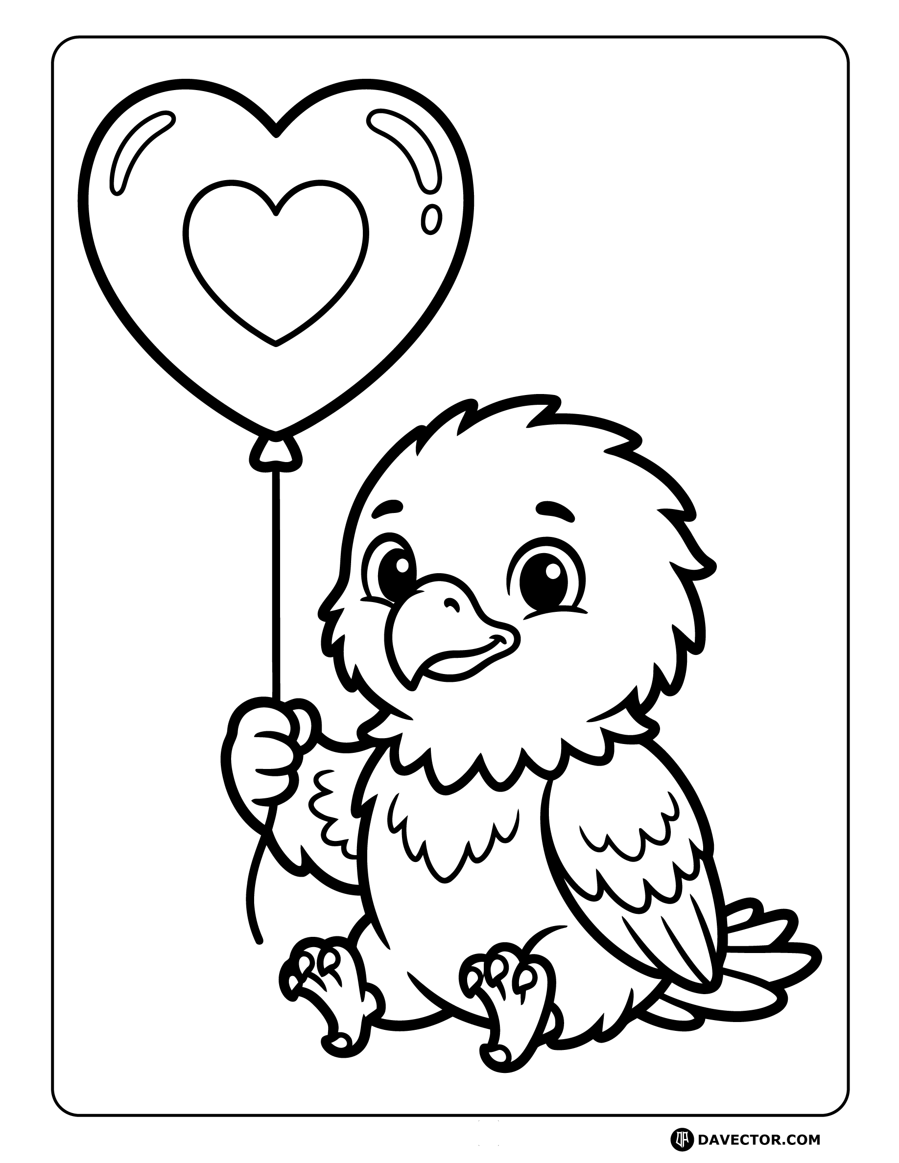 Baby Eagle Holding Heart Balloon — free eagle coloring page