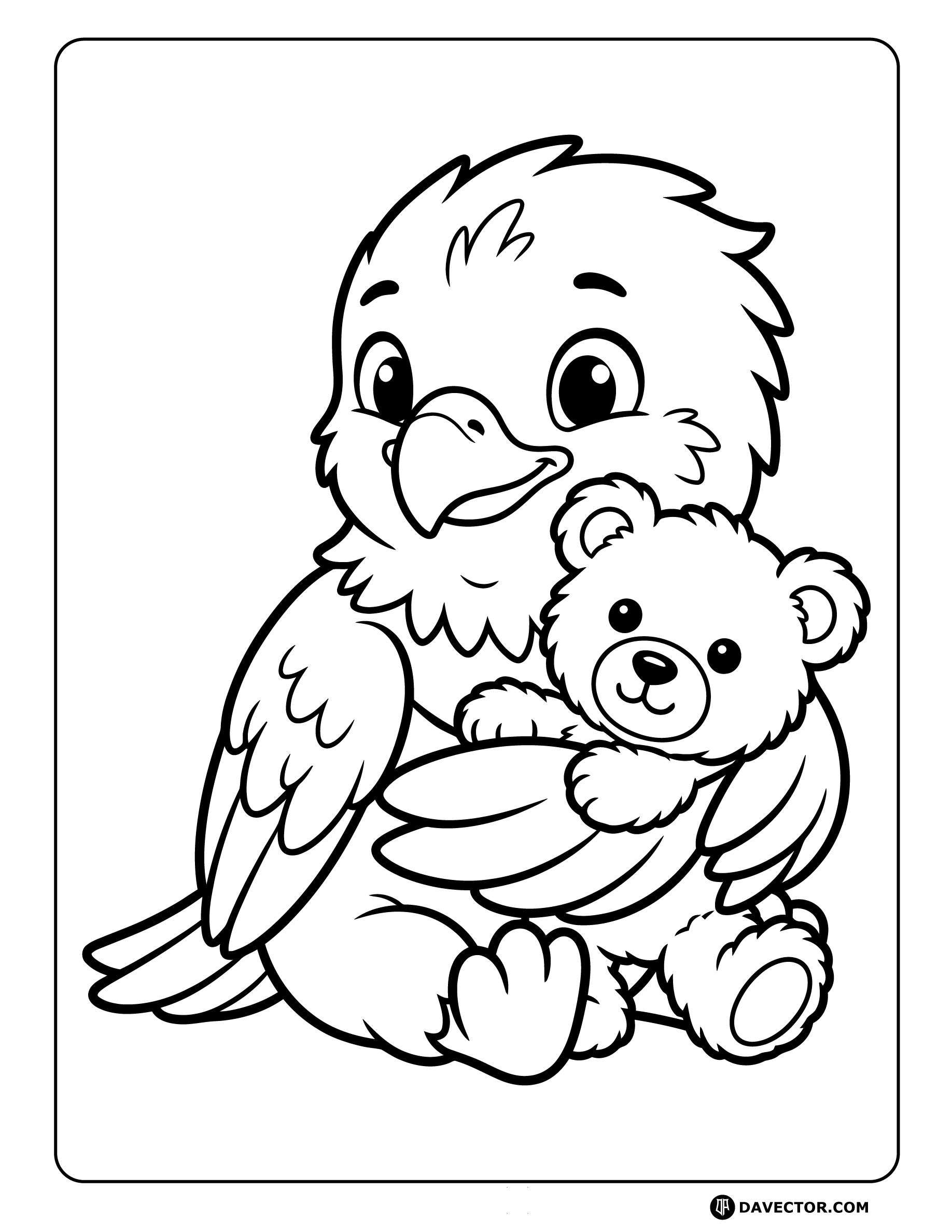 Baby Eagle Hugging Teddy Bear — free eagle coloring page