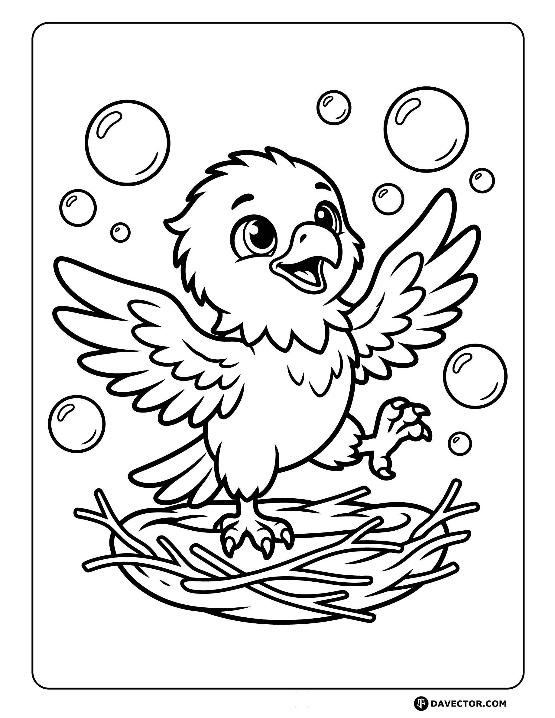 Baby Eagle Playing Soap Bubbles — free eagle coloring page