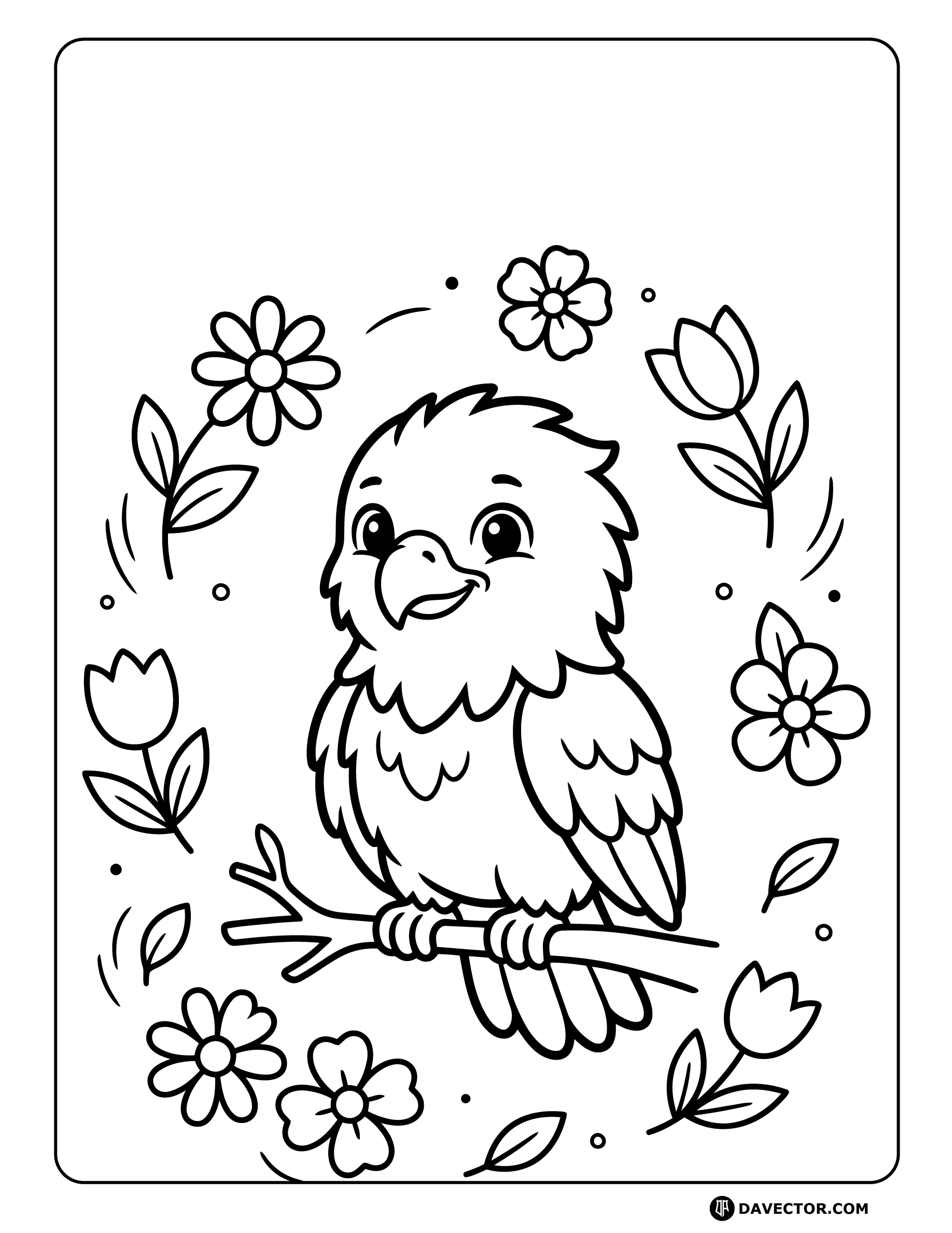 Baby Eagle Surrounded By Flowers — free eagle coloring page