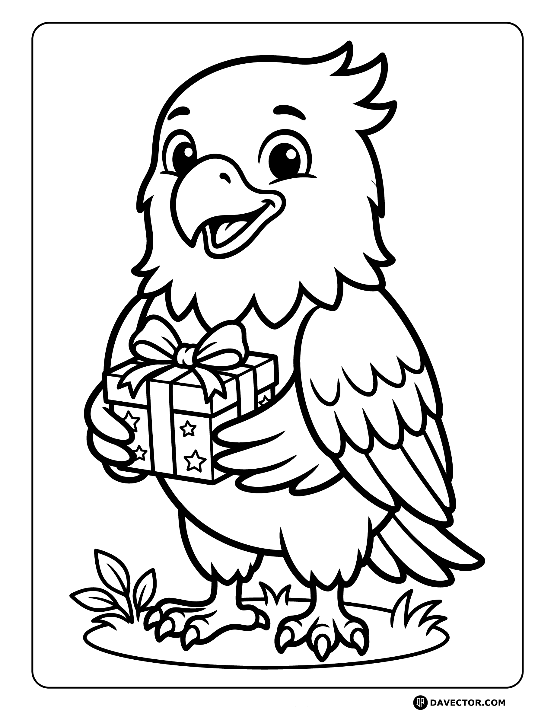 Eagle Holding Gift Box — free eagle coloring page