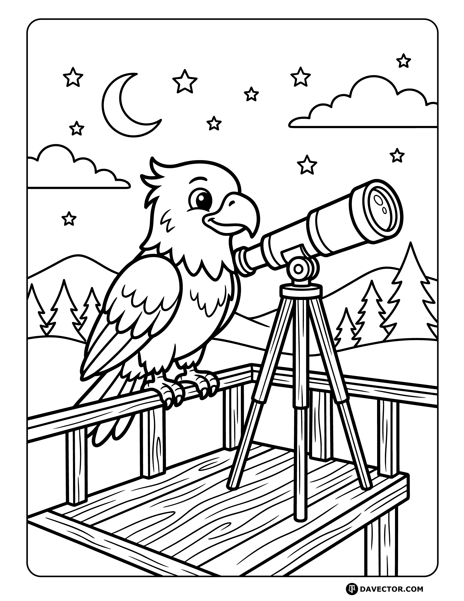 Eagle Looking Through Telescope — free eagle coloring page