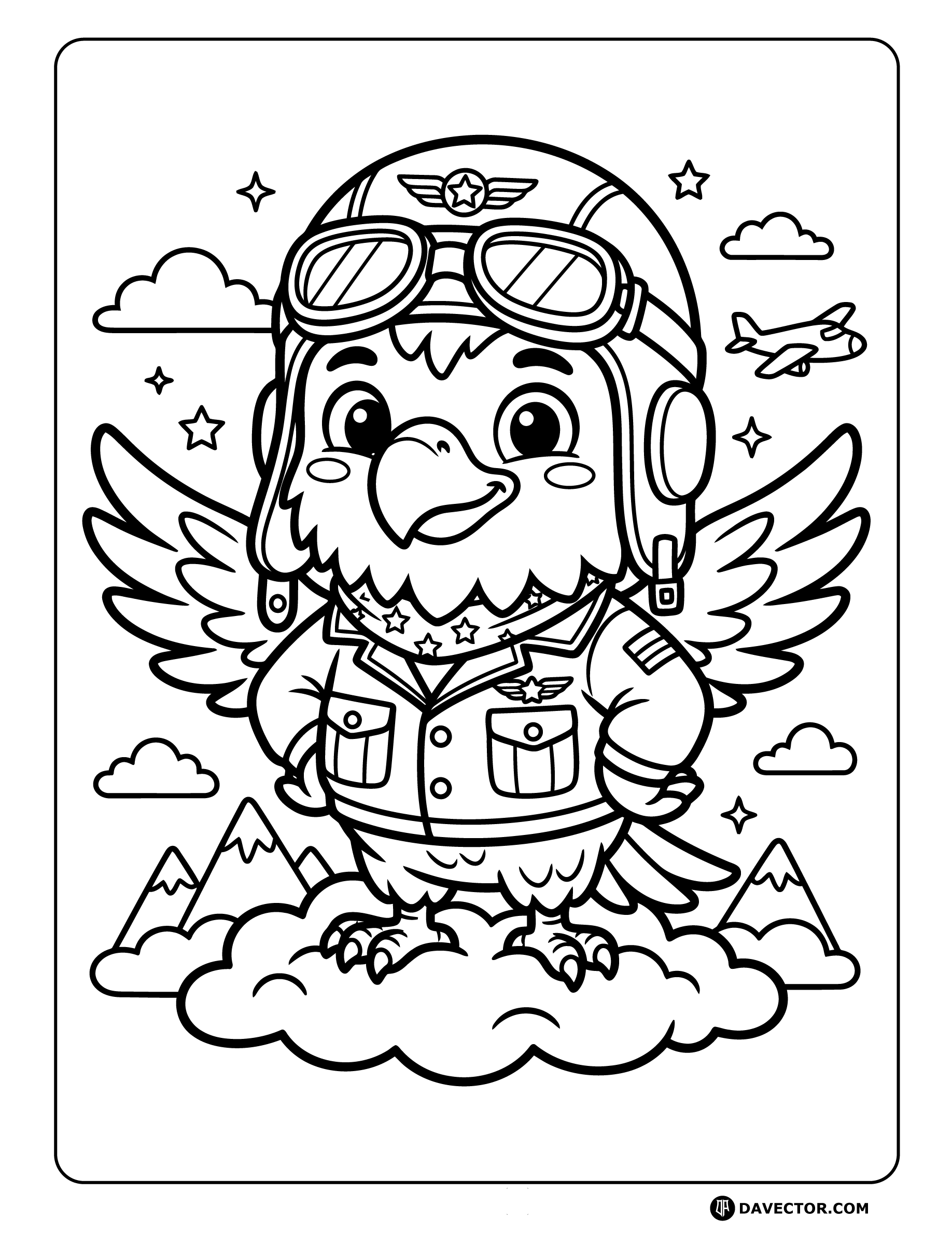 Eagle Wearing Pilot Cap Goggles — free eagle coloring page
