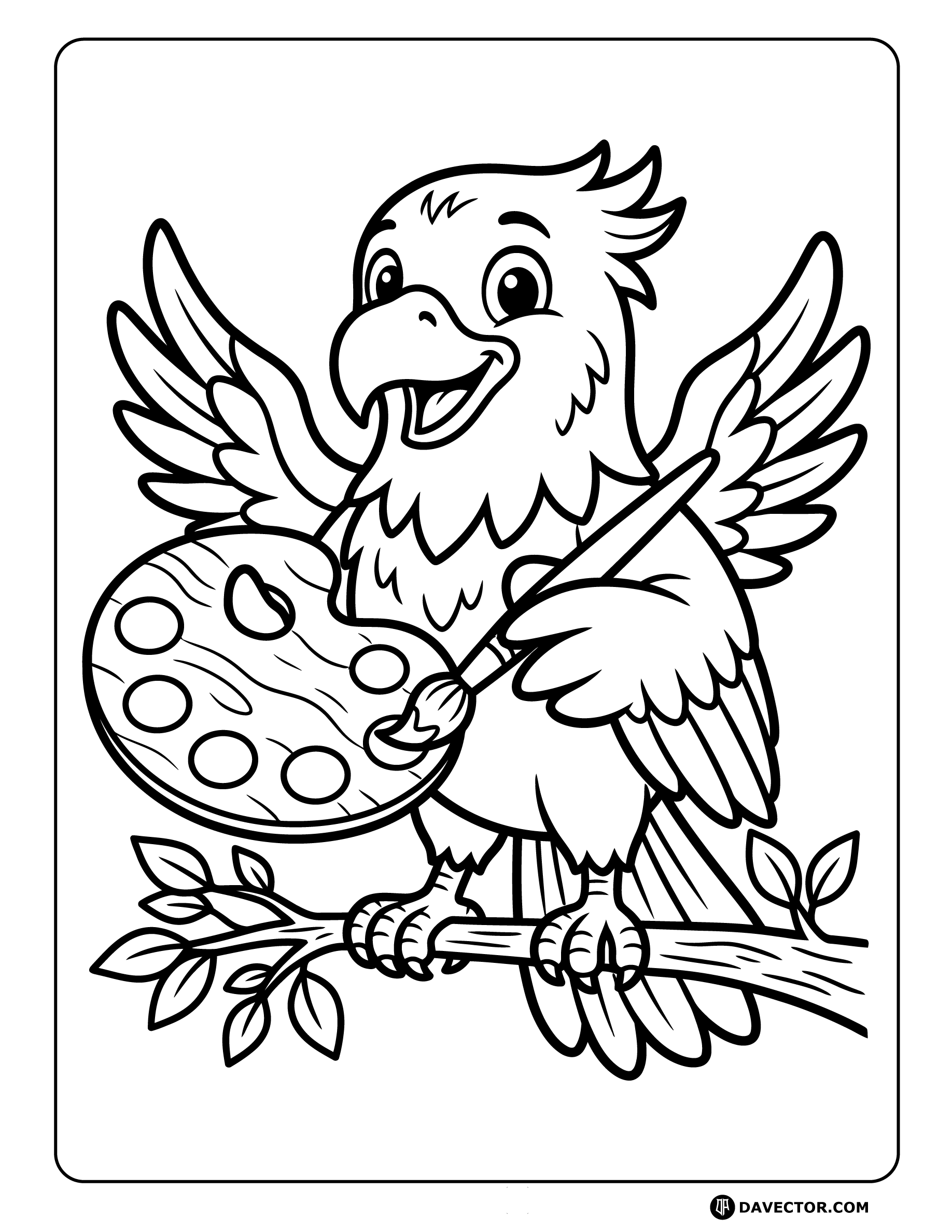 Eagle Holding Artist Palette Brush — free eagle coloring page