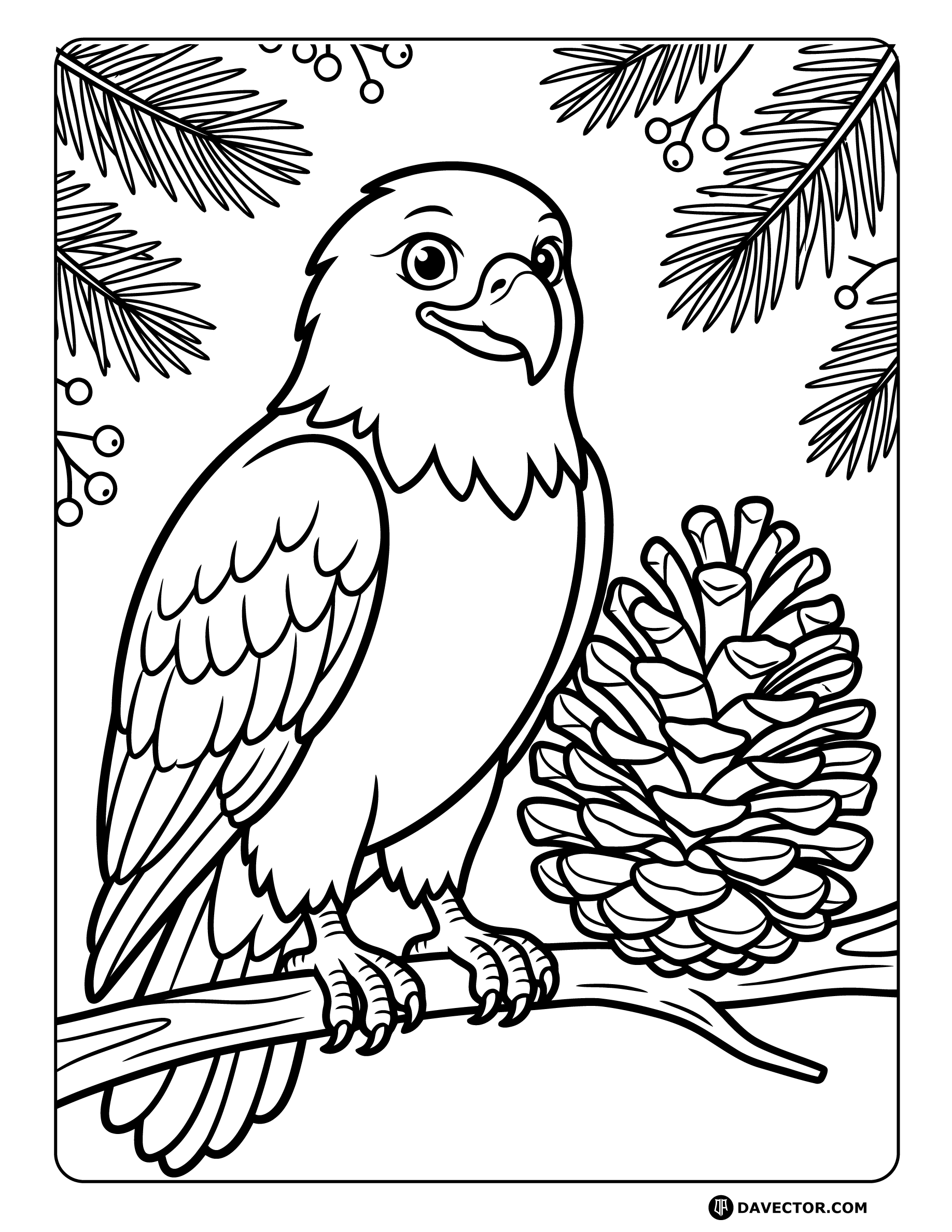 Happy Eagle Sitting Beside Pinecone — free eagle coloring page