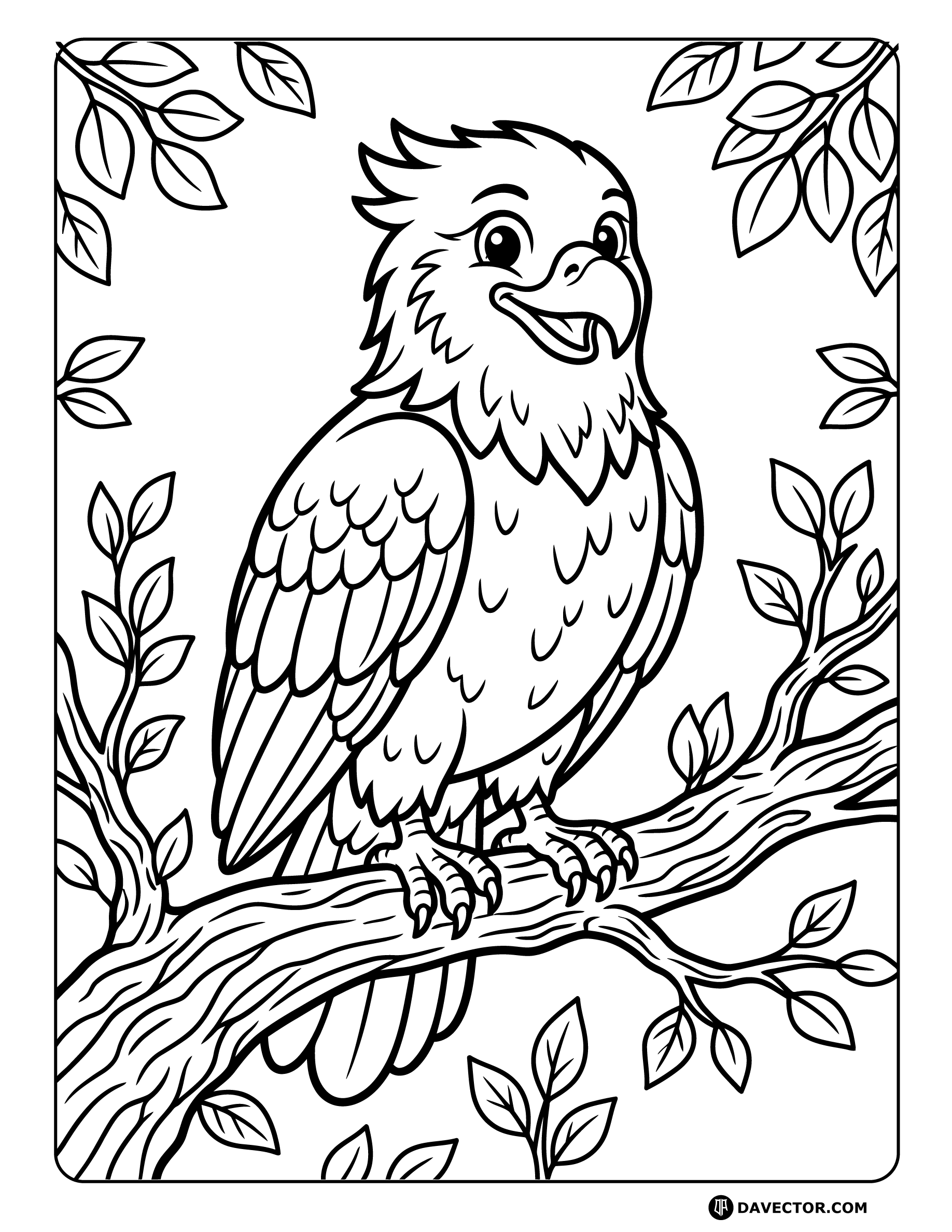 Happy Eagle Sitting On Branch — free eagle coloring page