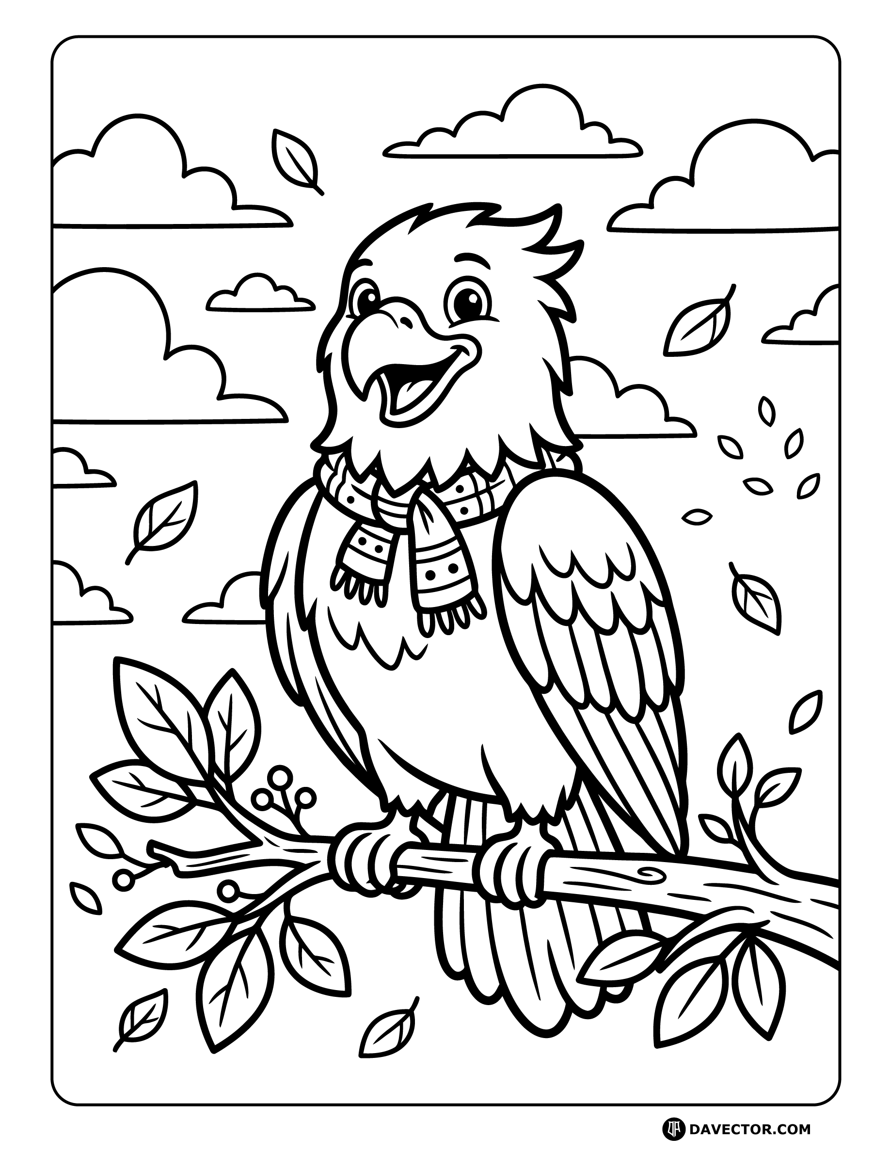 Happy Eagle Wearing Scarf — free eagle coloring page