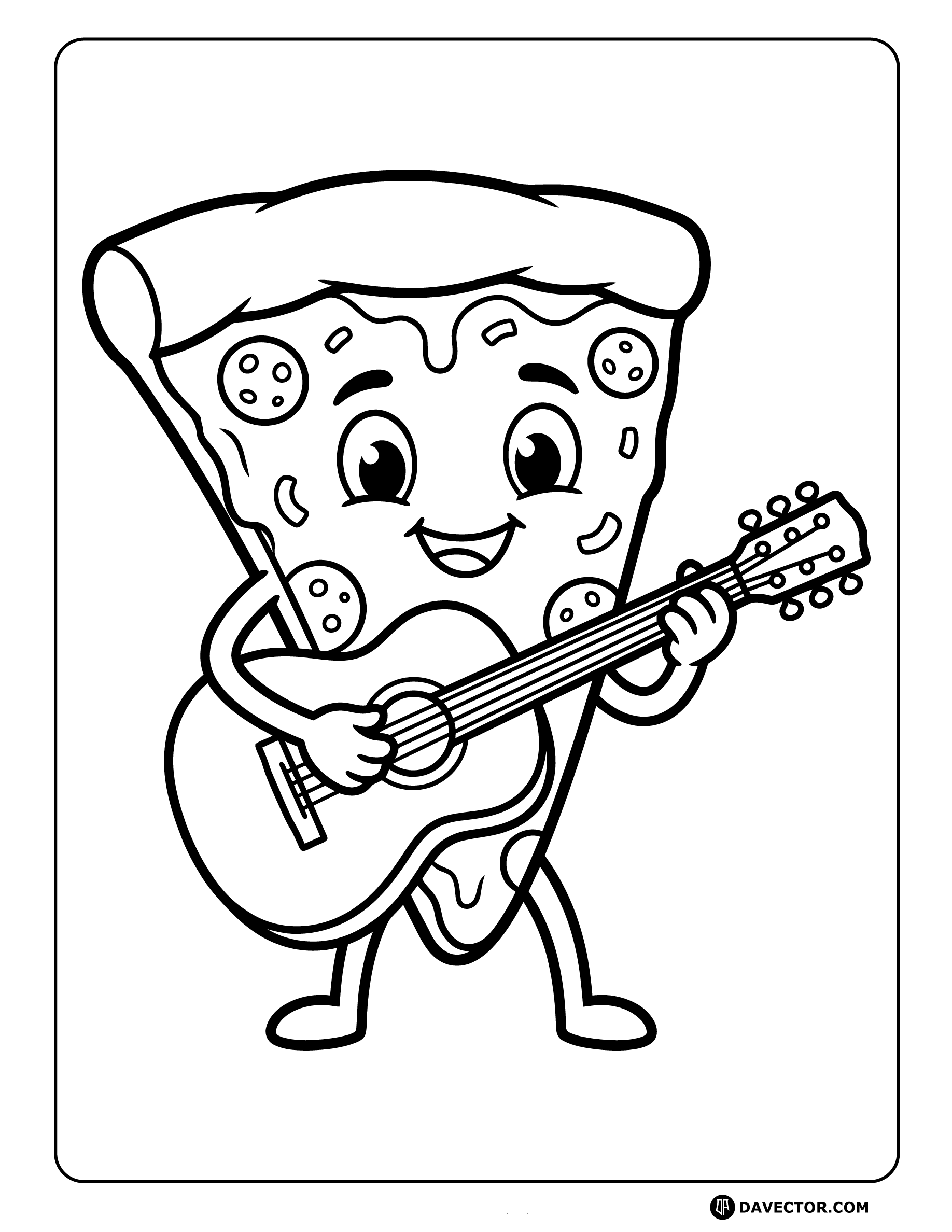 Cartoon Pizza Playing Guitar — free pizza slice coloring page