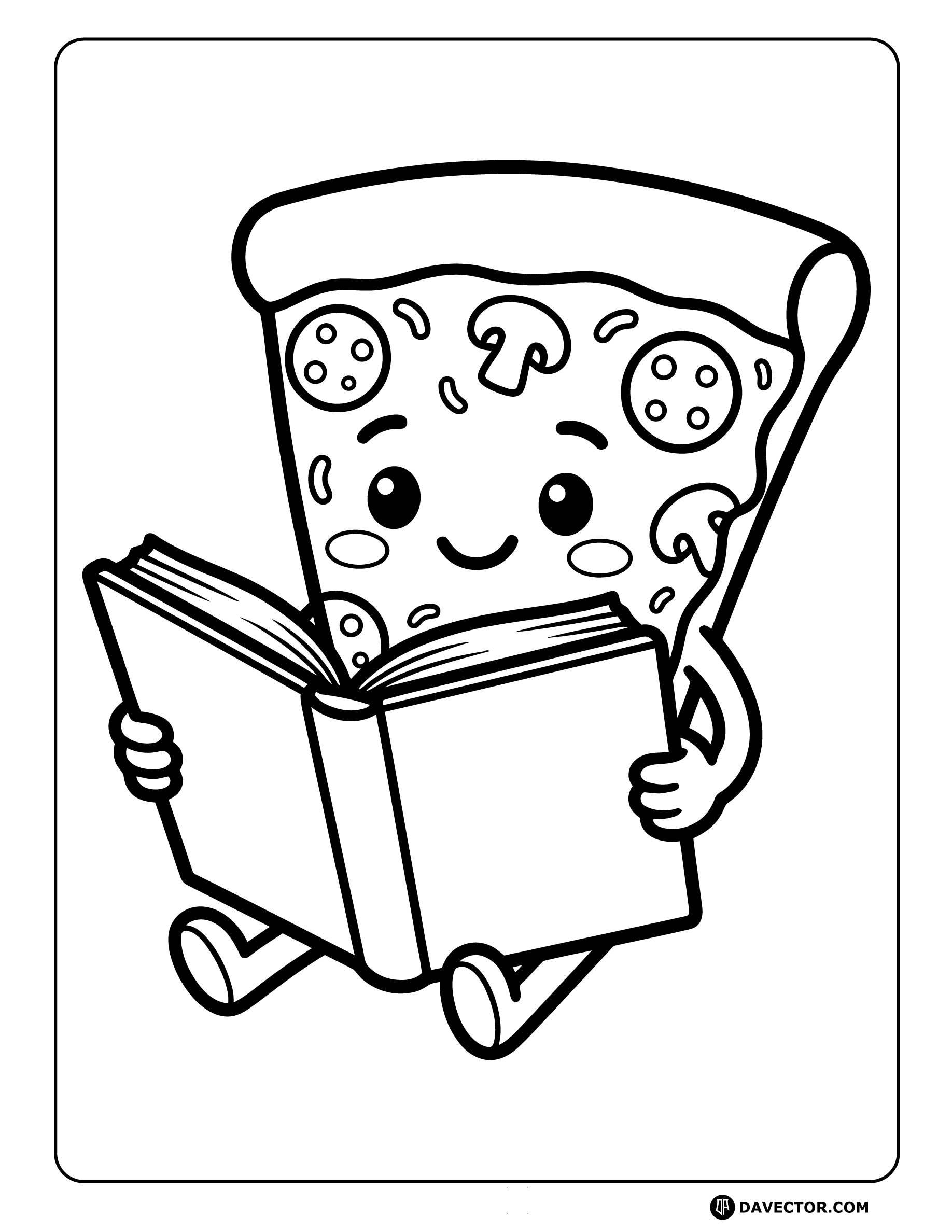 Cartoon Pizza Reading Book — free pizza slice coloring page