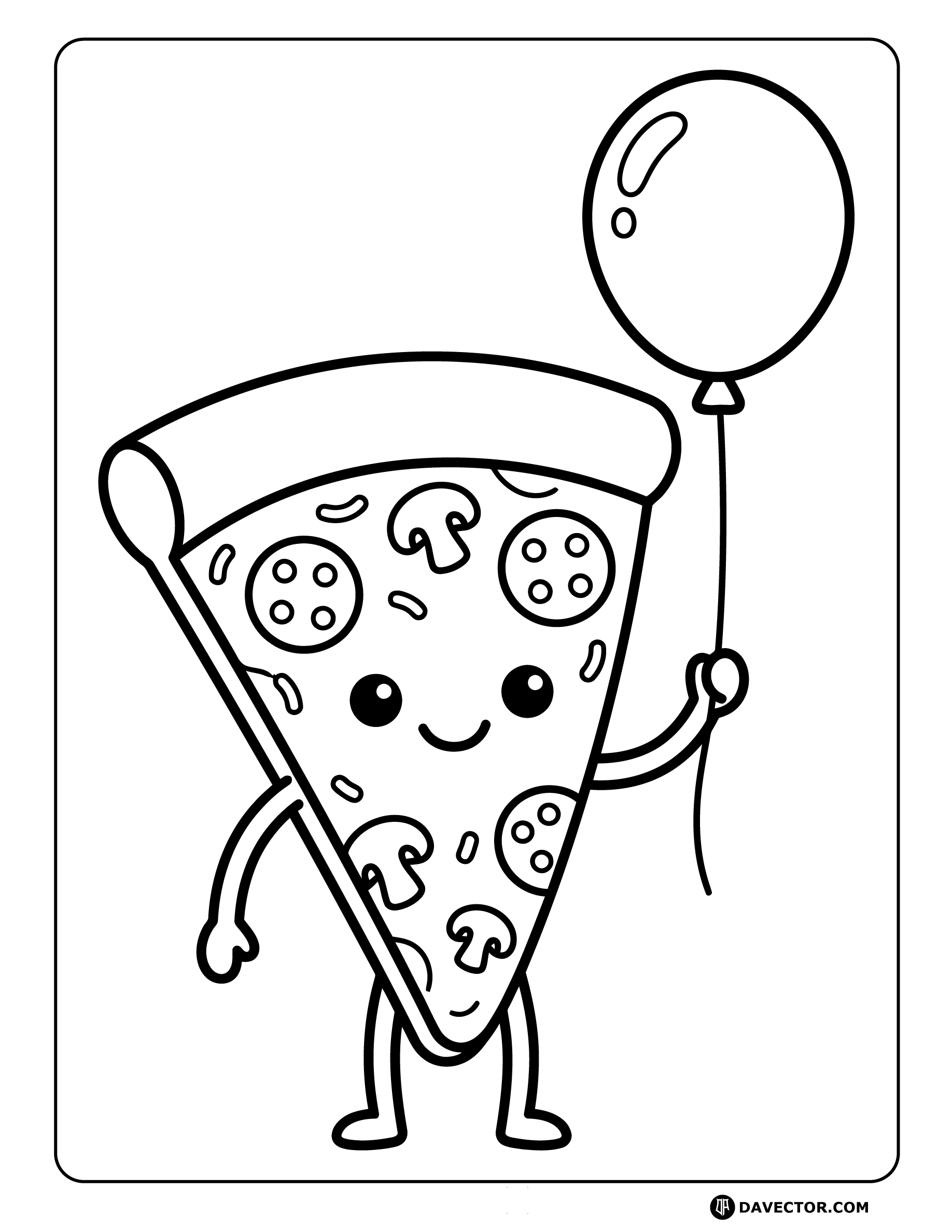 Cartoon Pizza Slice Holding Balloon — free pizza slice coloring page