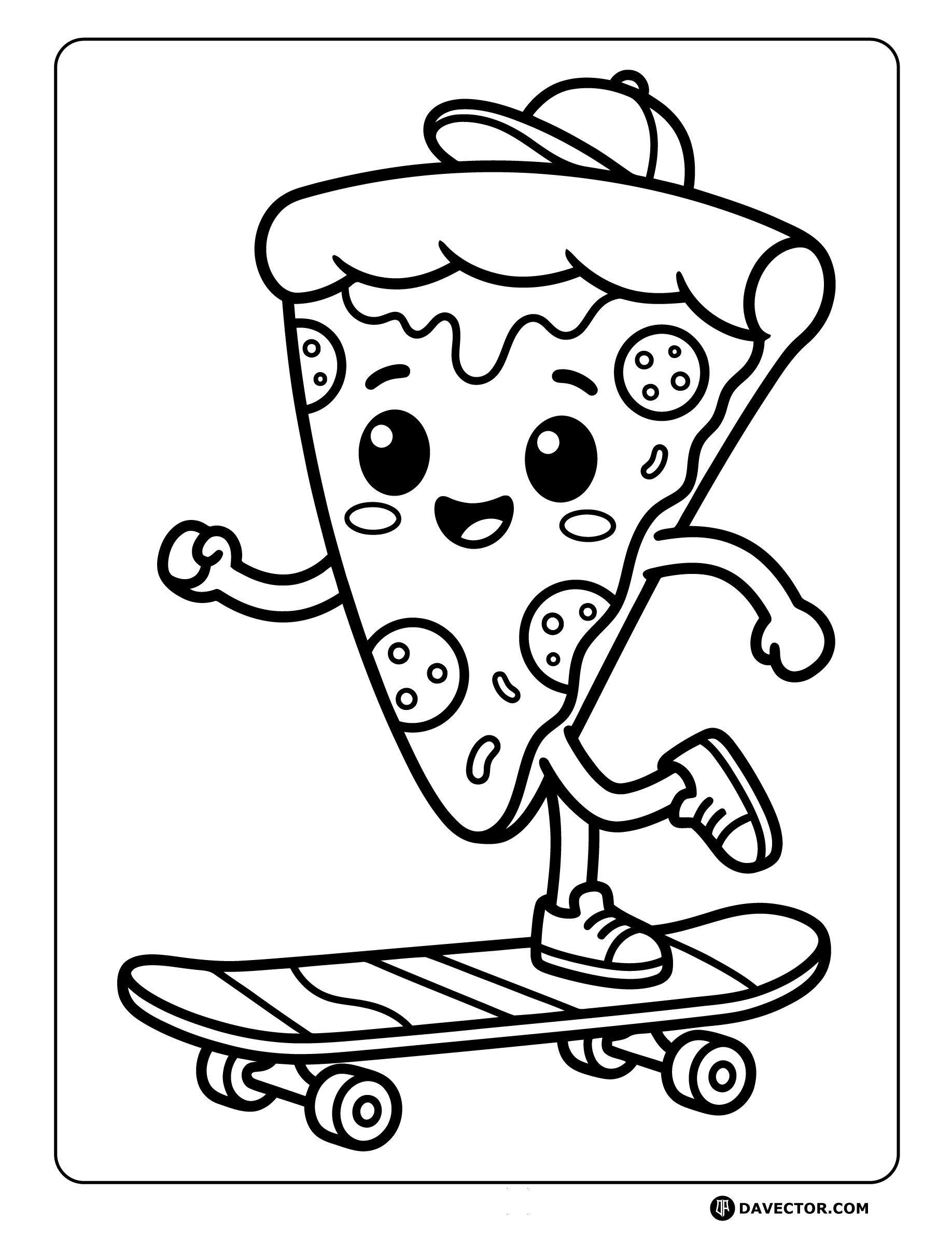 Cartoon Pizza Slice Riding Skate — free pizza slice coloring page