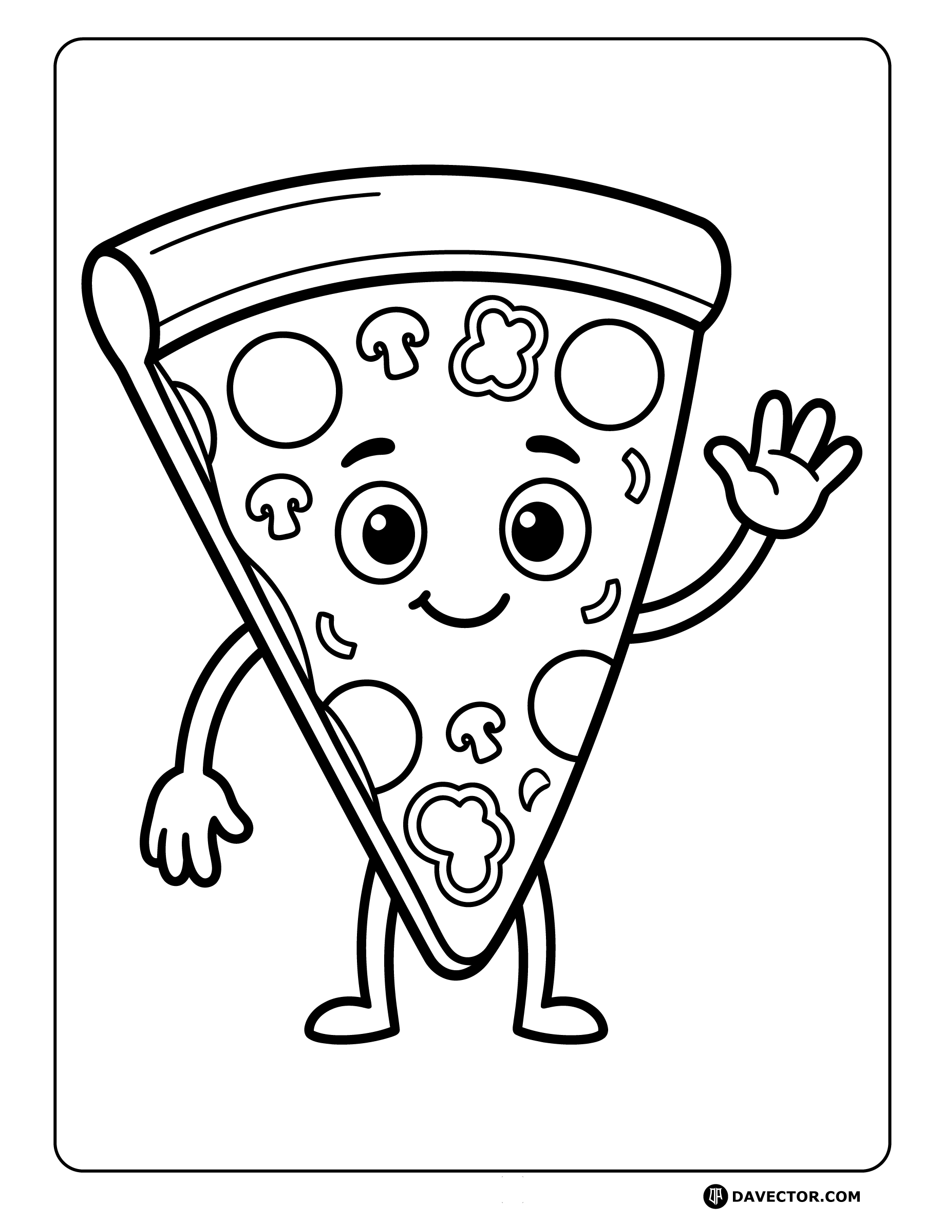 Cartoon Pizza Slice Waving Hello — free pizza slice coloring page