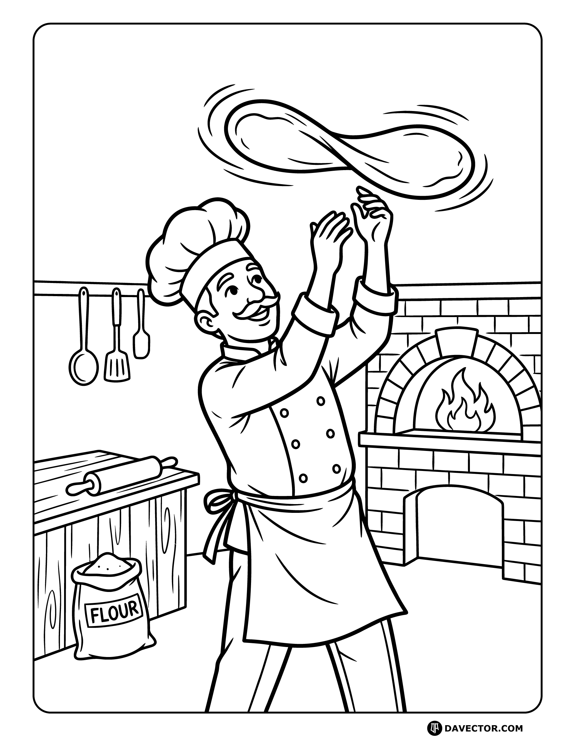 Chef Tossing Pizza Dough — free pizza slice coloring page
