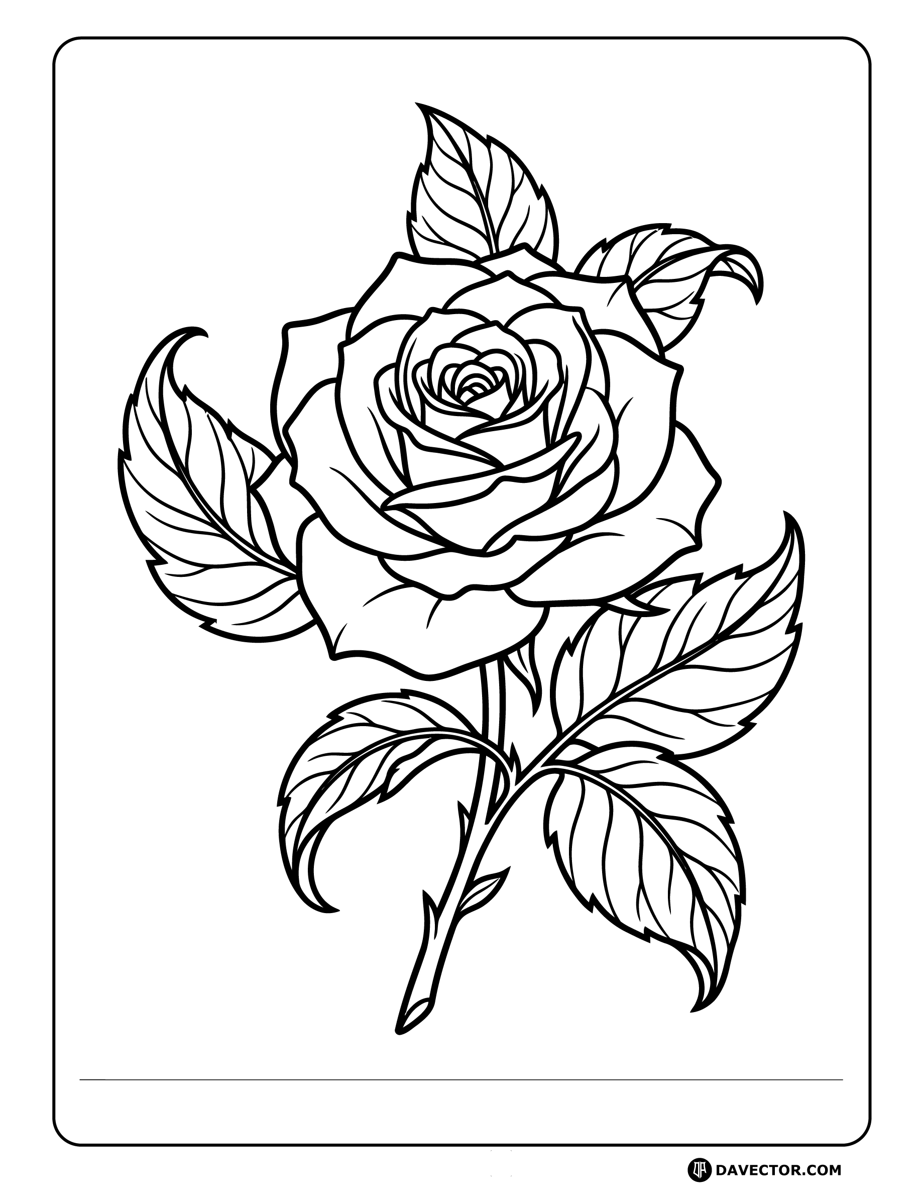 A Single Rose Blossom Nestled — free rose coloring page