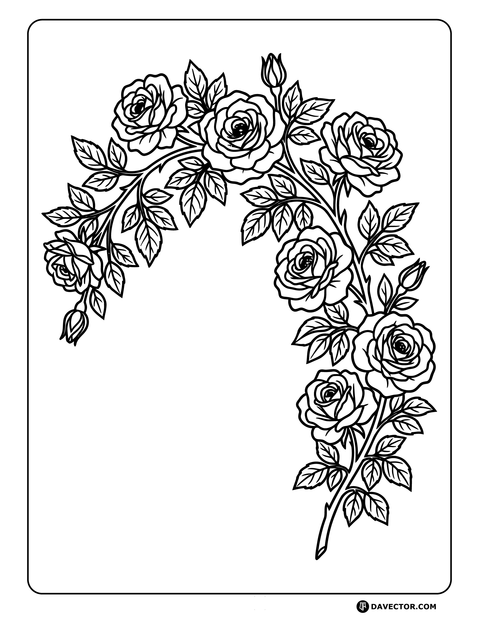 Climbing Rose Branch Line Art — free rose coloring page