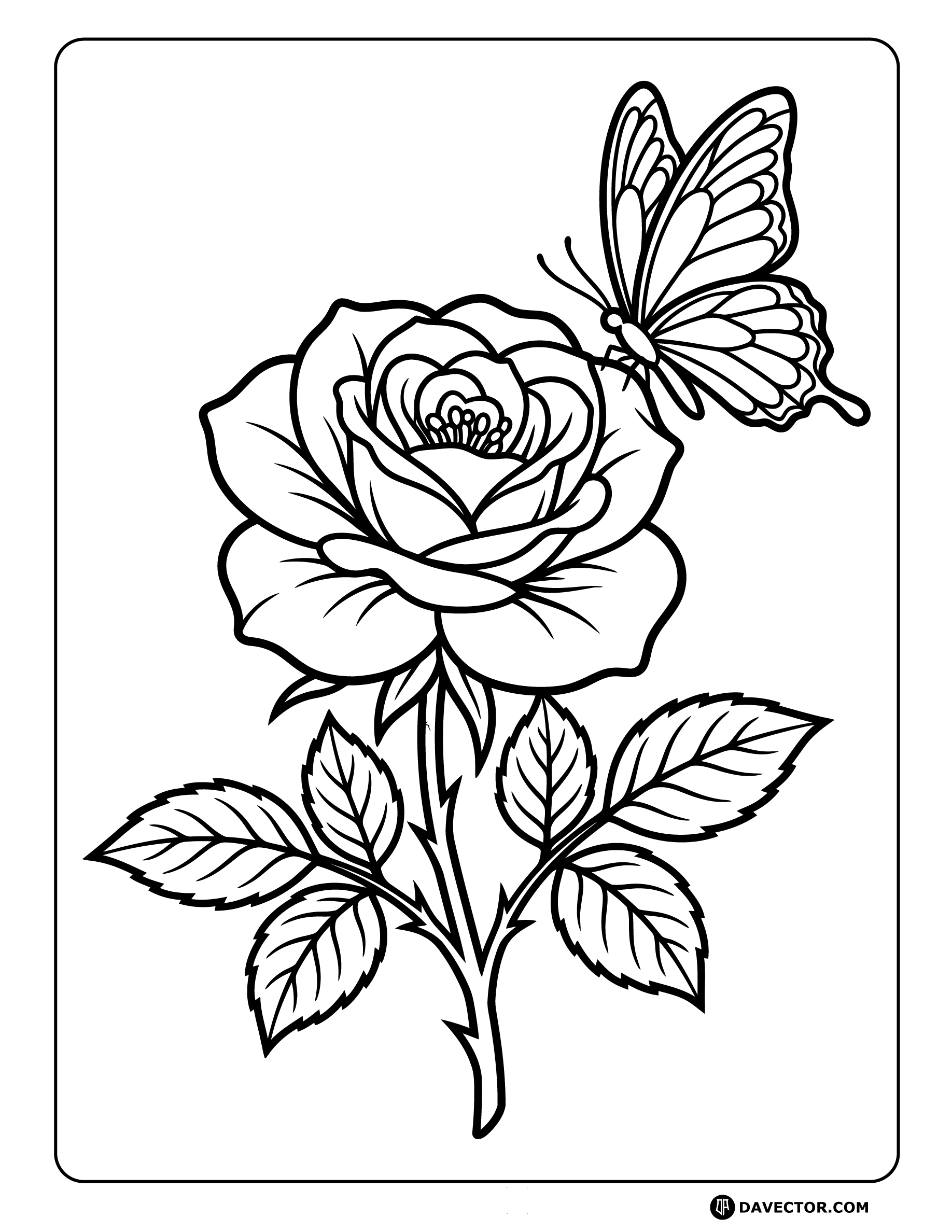Rose And Butterfly Line Art — free rose coloring page