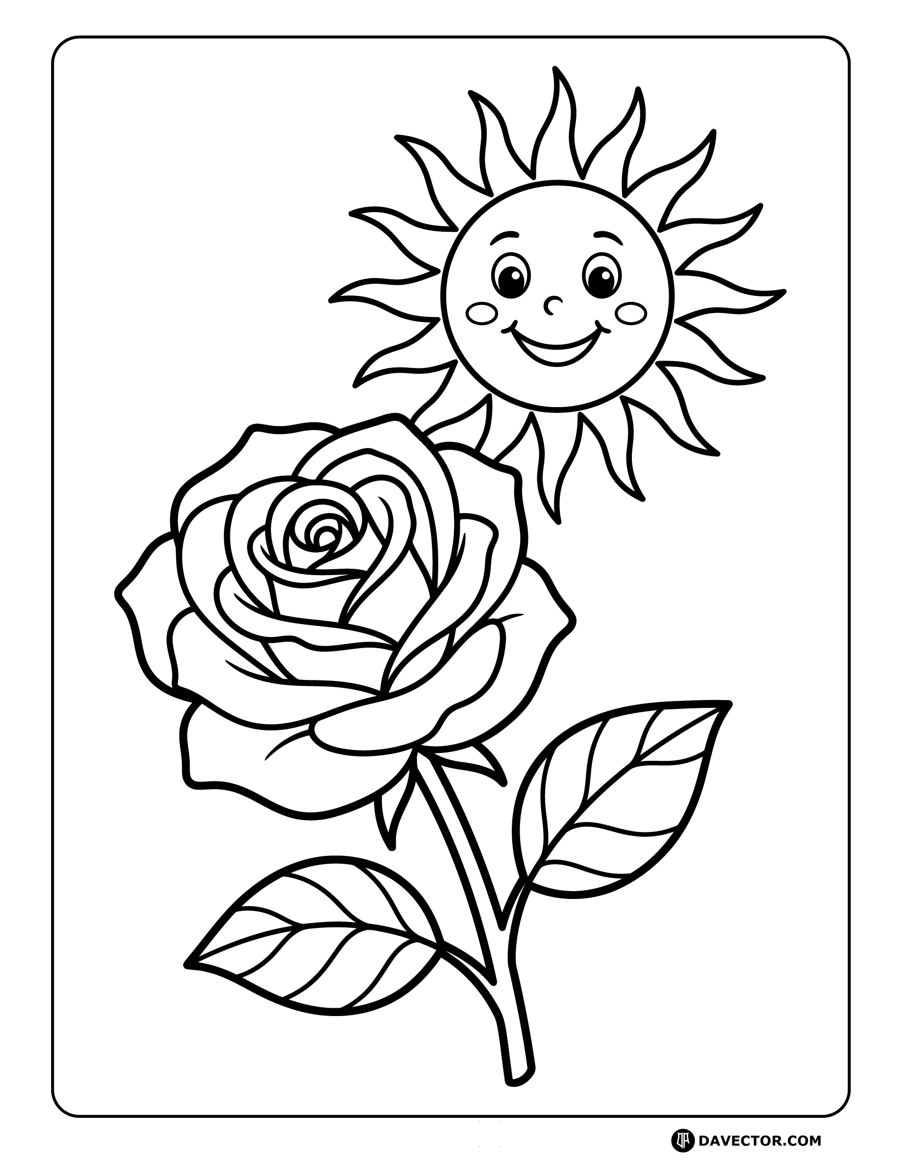 Rose Basking Under Sun — free rose coloring page