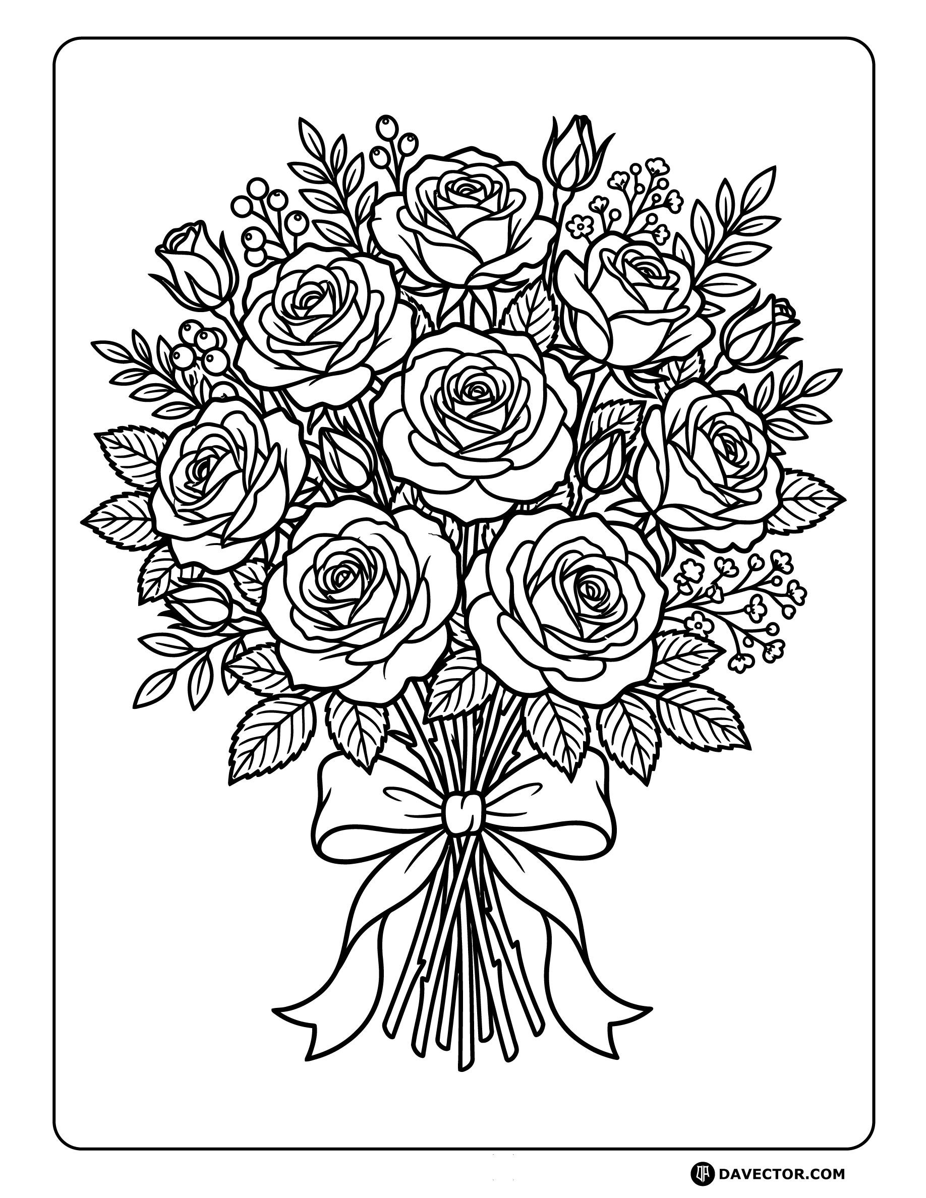 Rose Bouquet Tied With Ribbon — free rose coloring page