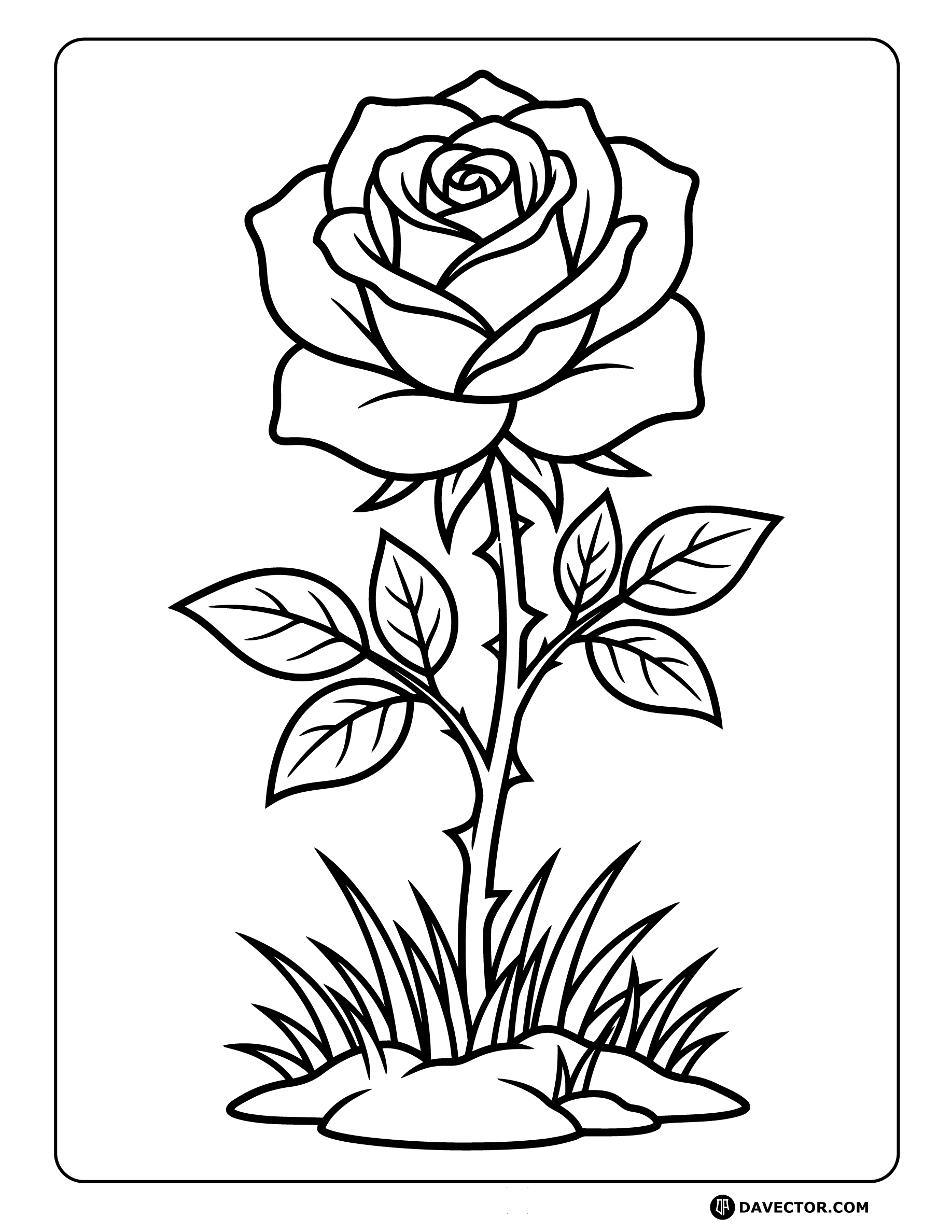 Rose Growing From Grass — free rose coloring page