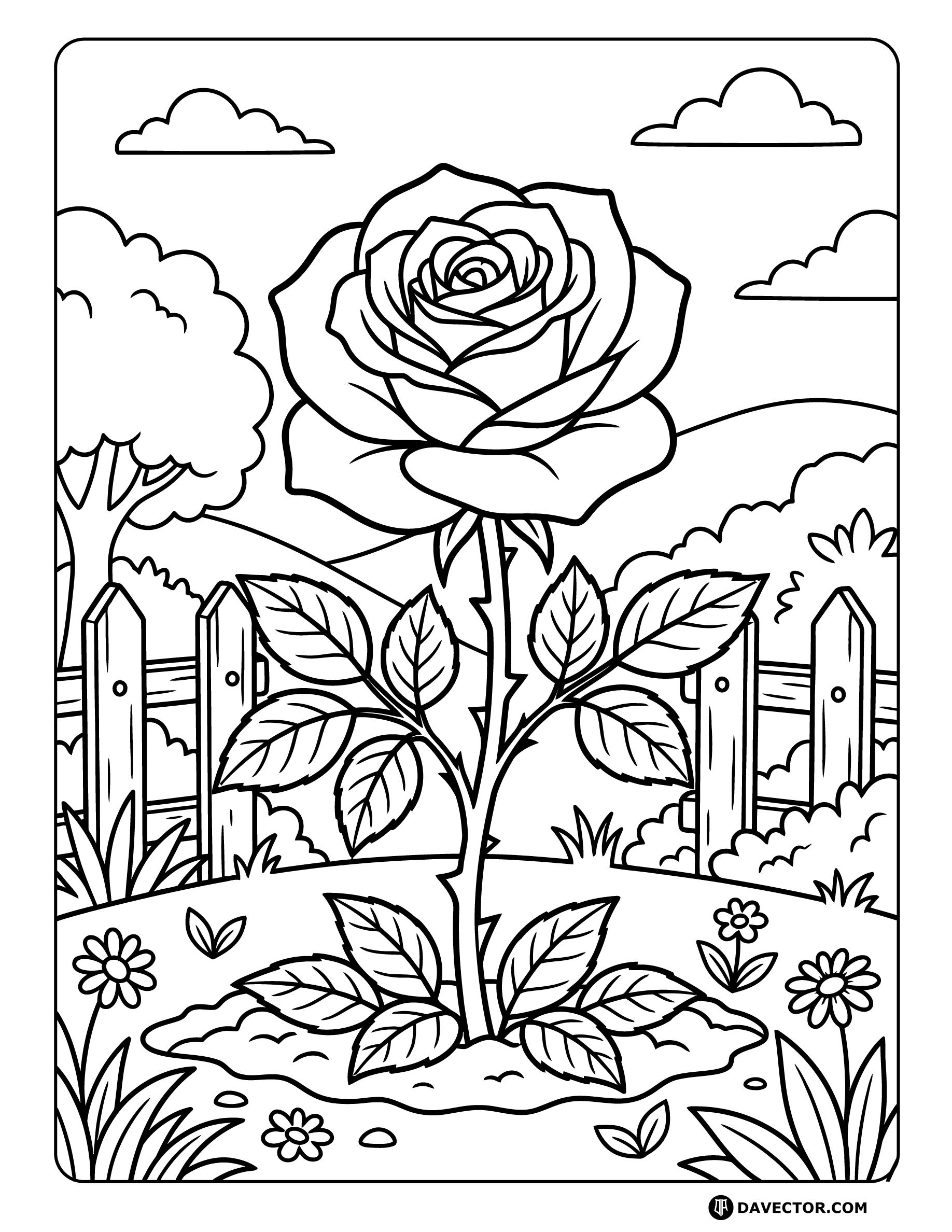 Rose In Garden With Fence — free rose coloring page