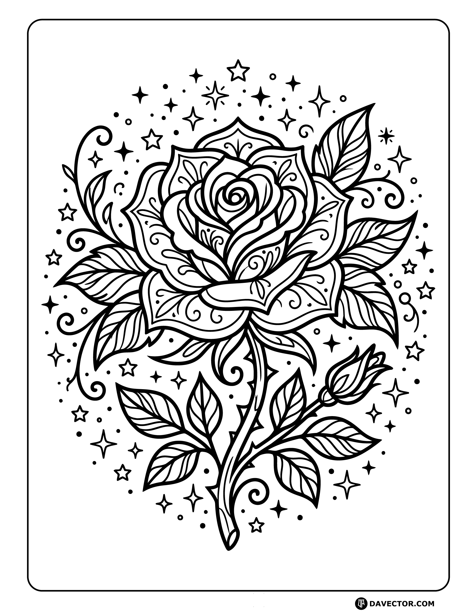 Rose Surrounded By Stars — free rose coloring page