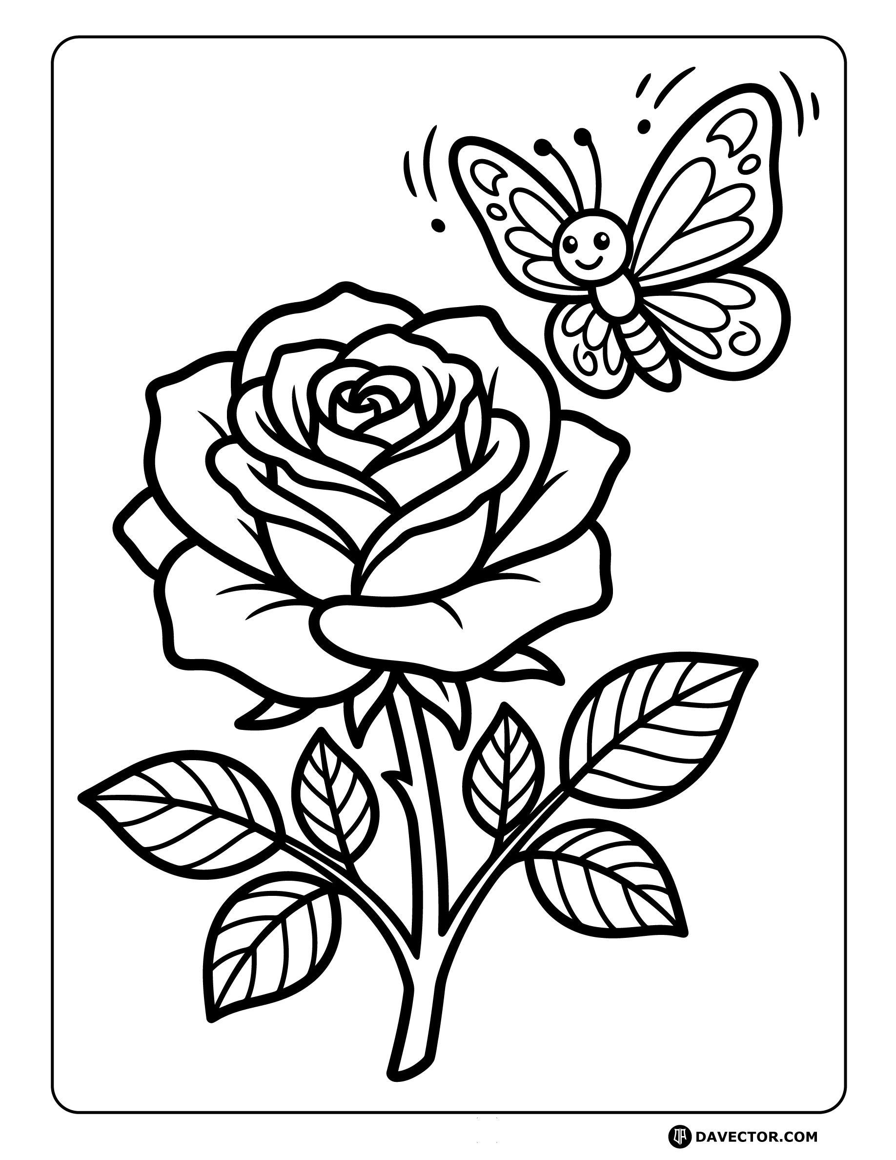 Rose With Butterfly — free rose coloring page