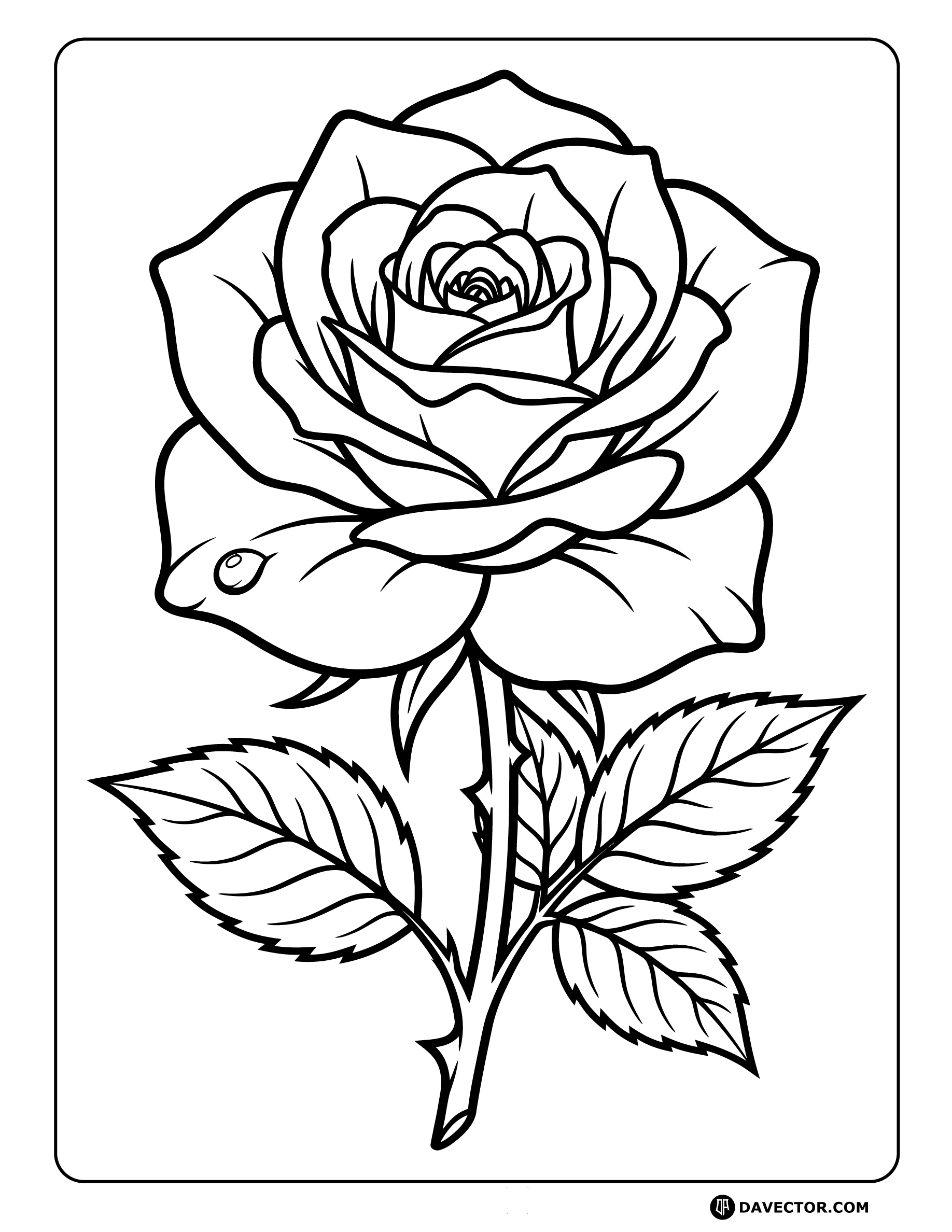 Rose With Dew Drop Line — free rose coloring page
