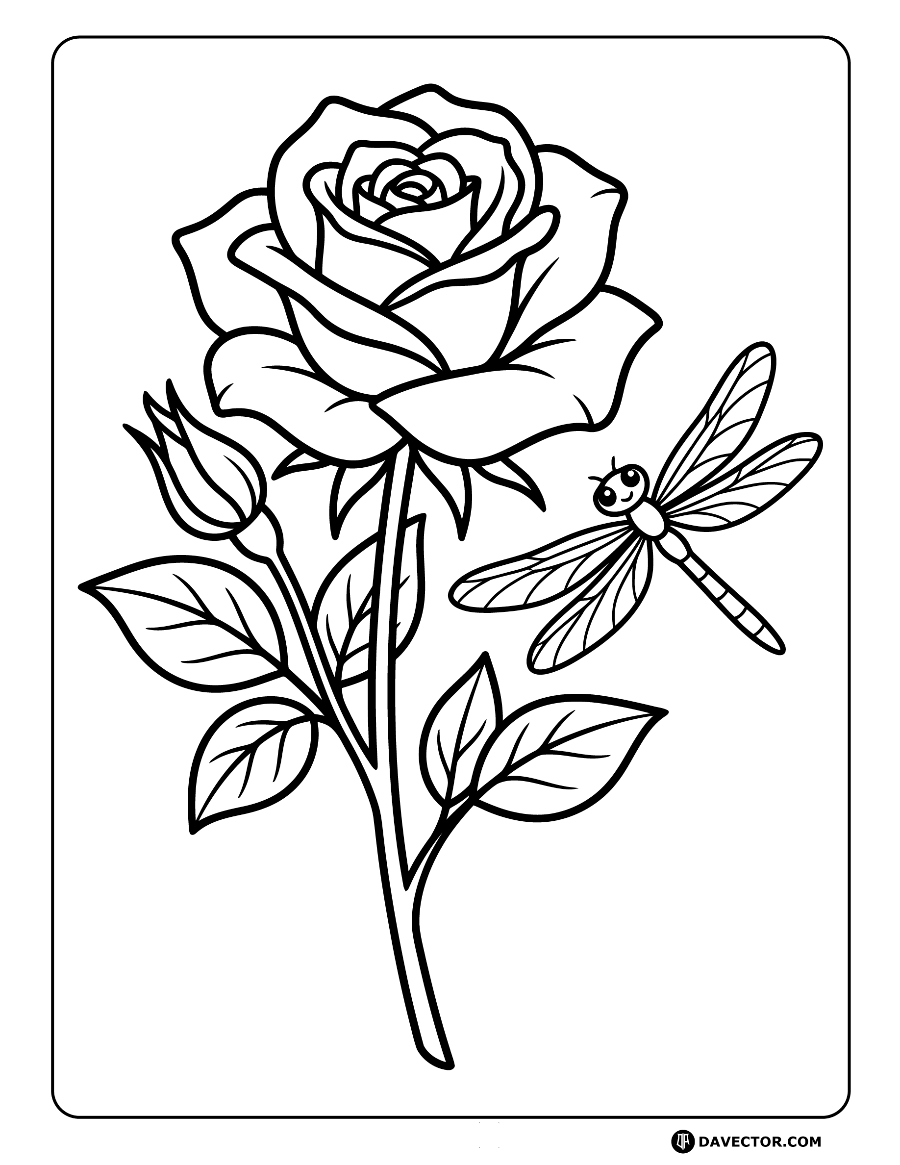 Rose With Dragonfly Line Art — free rose coloring page