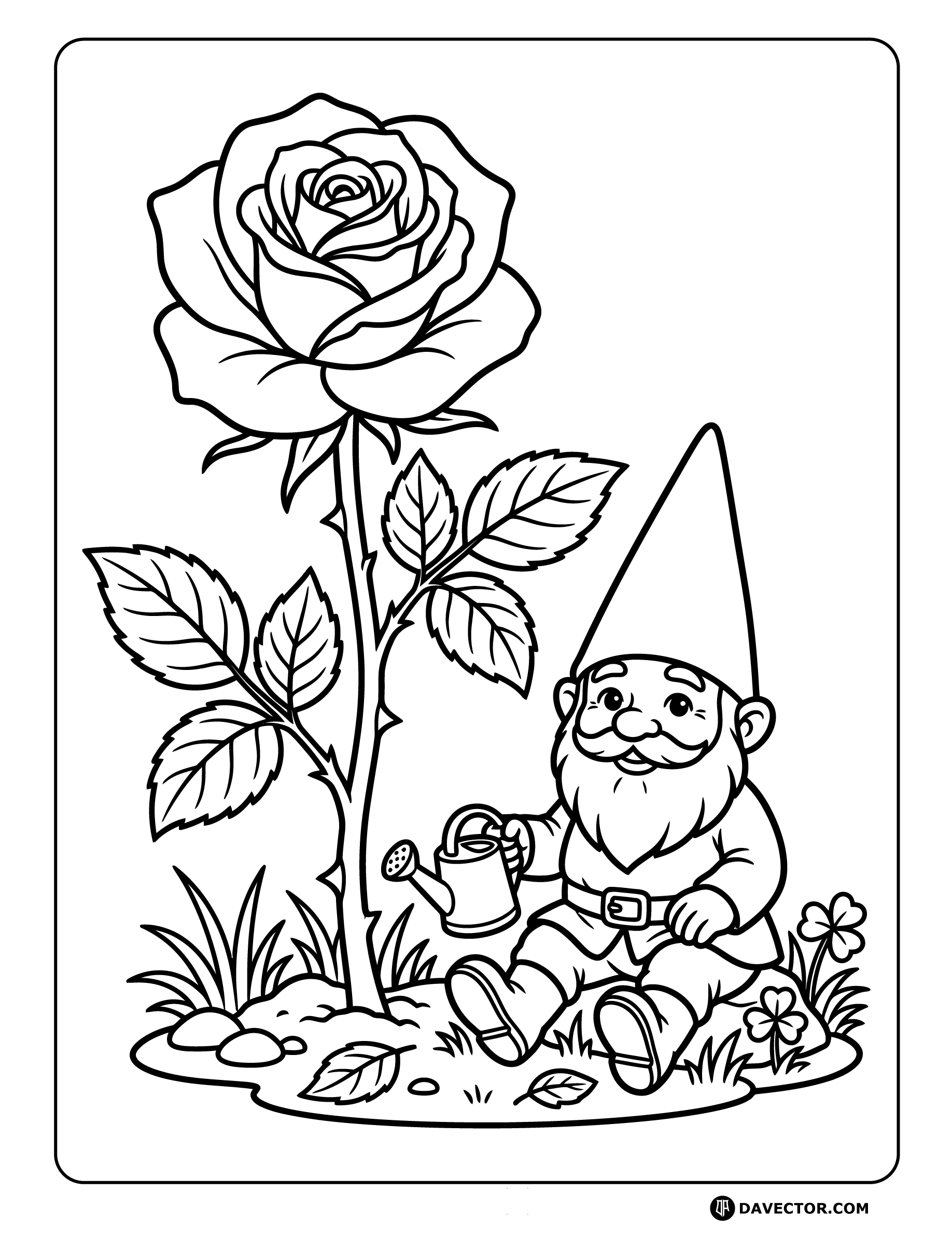 Rose With Garden Gnome — free rose coloring page