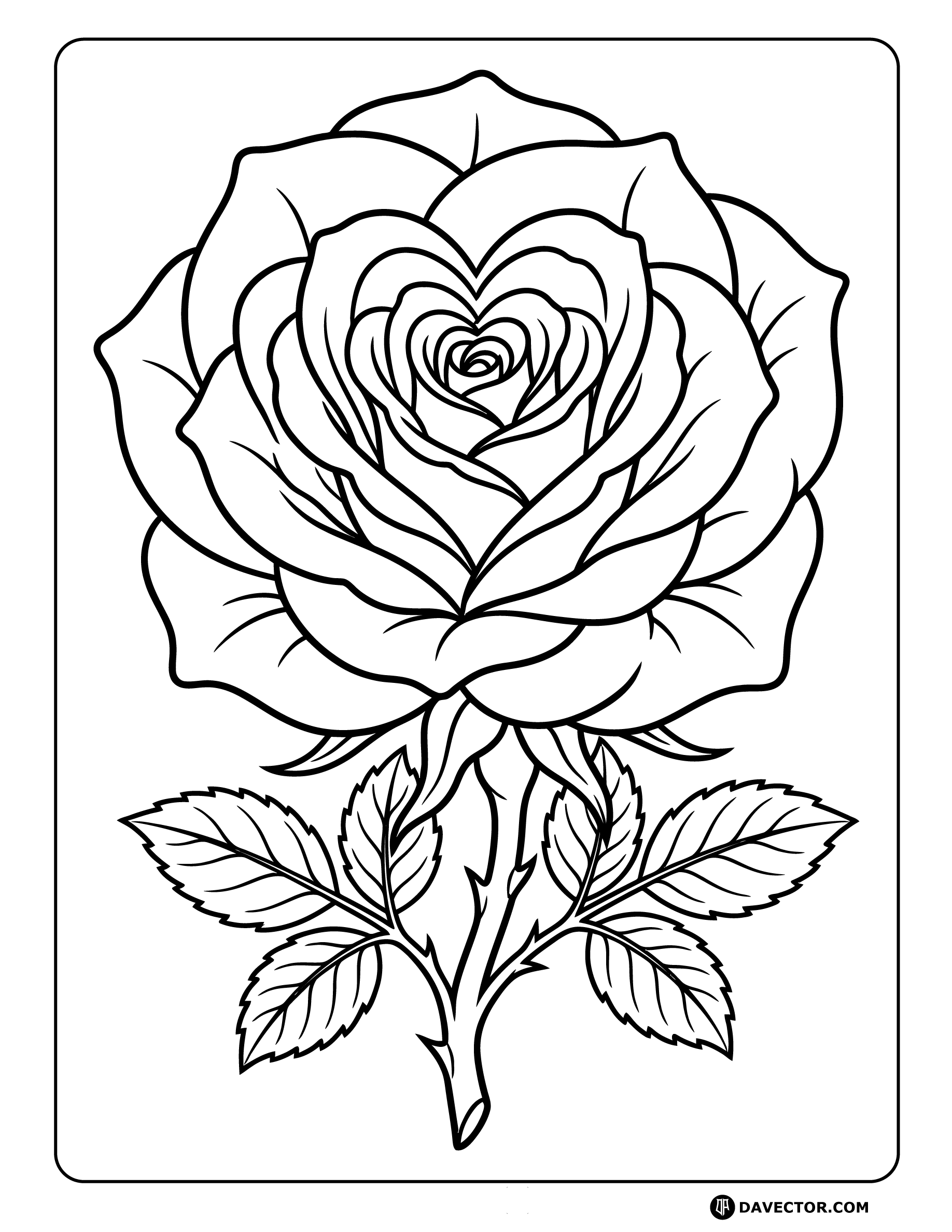 Rose With Heart Shaped Petals — free rose coloring page