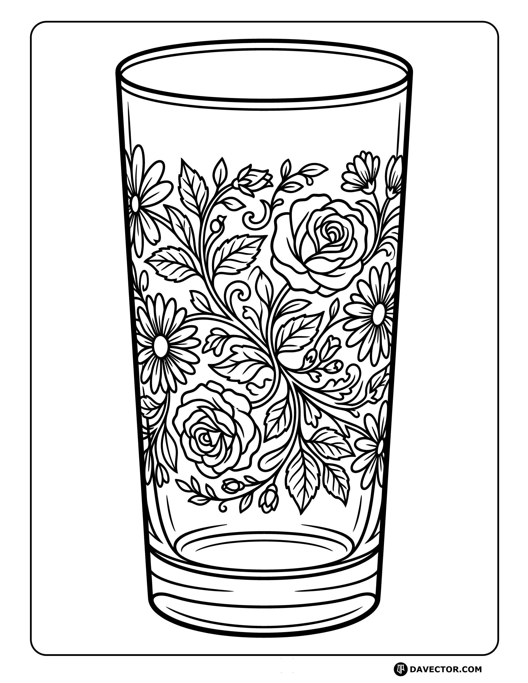 Water Glass Etched Floral Motif — free water glass coloring page