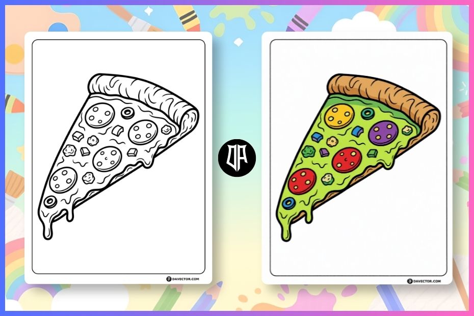 Free printable pizza slice coloring page collection with cartoon and detailed pizza designs